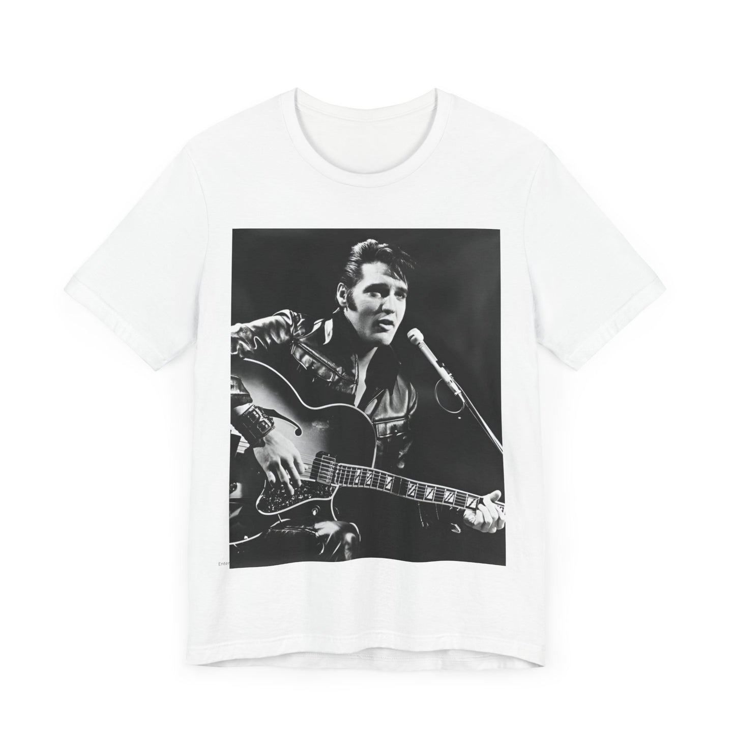 A black graphic t-shirt featuring a graphic related to Elvis Presley's 'Burning Love' song or era.