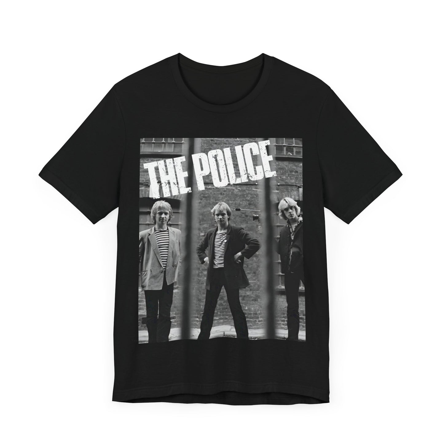 A black graphic t-shirt featuring a vintage new wave icon graphic of The Police.