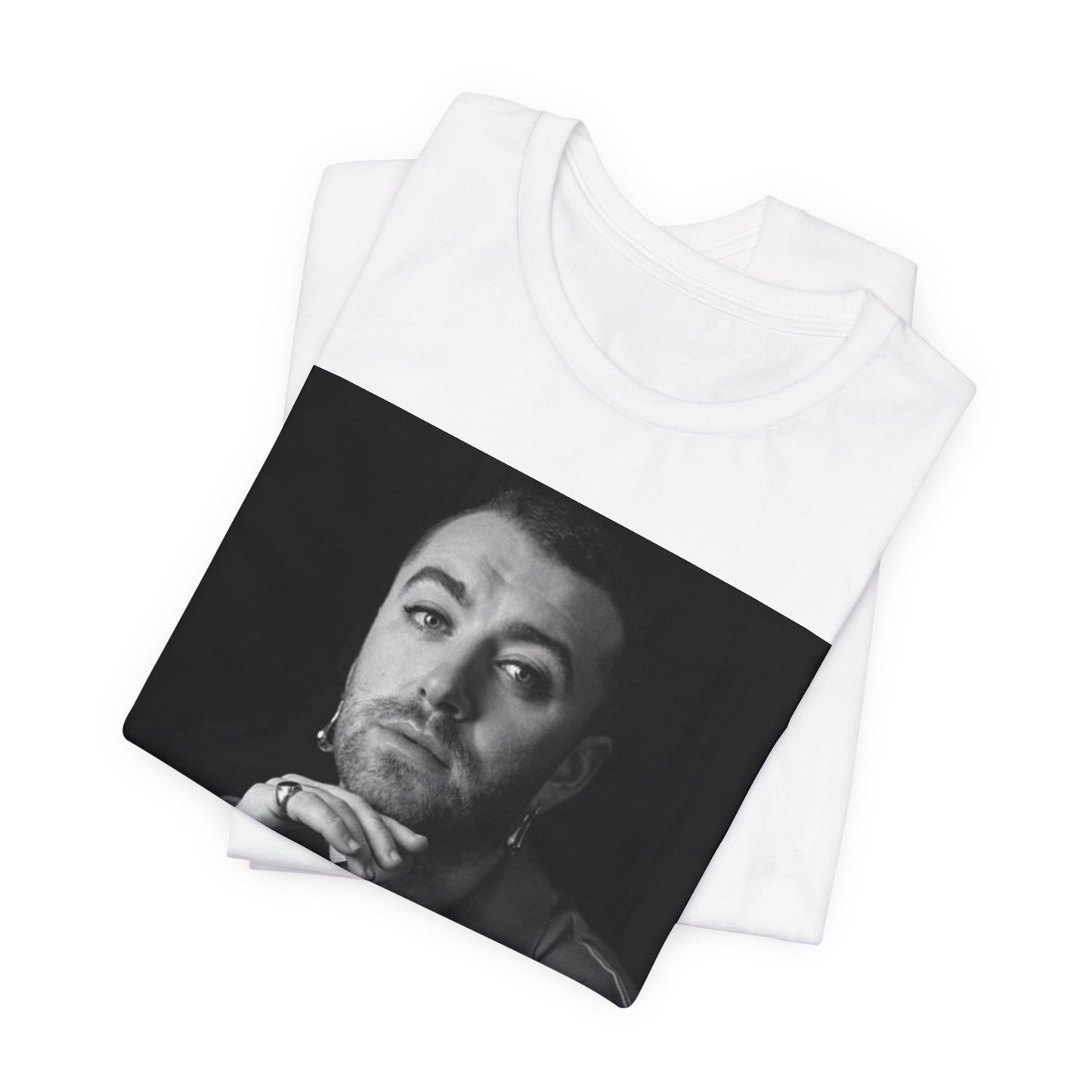 A black graphic t-shirt featuring a black and white portrait photo of Sam Smith.