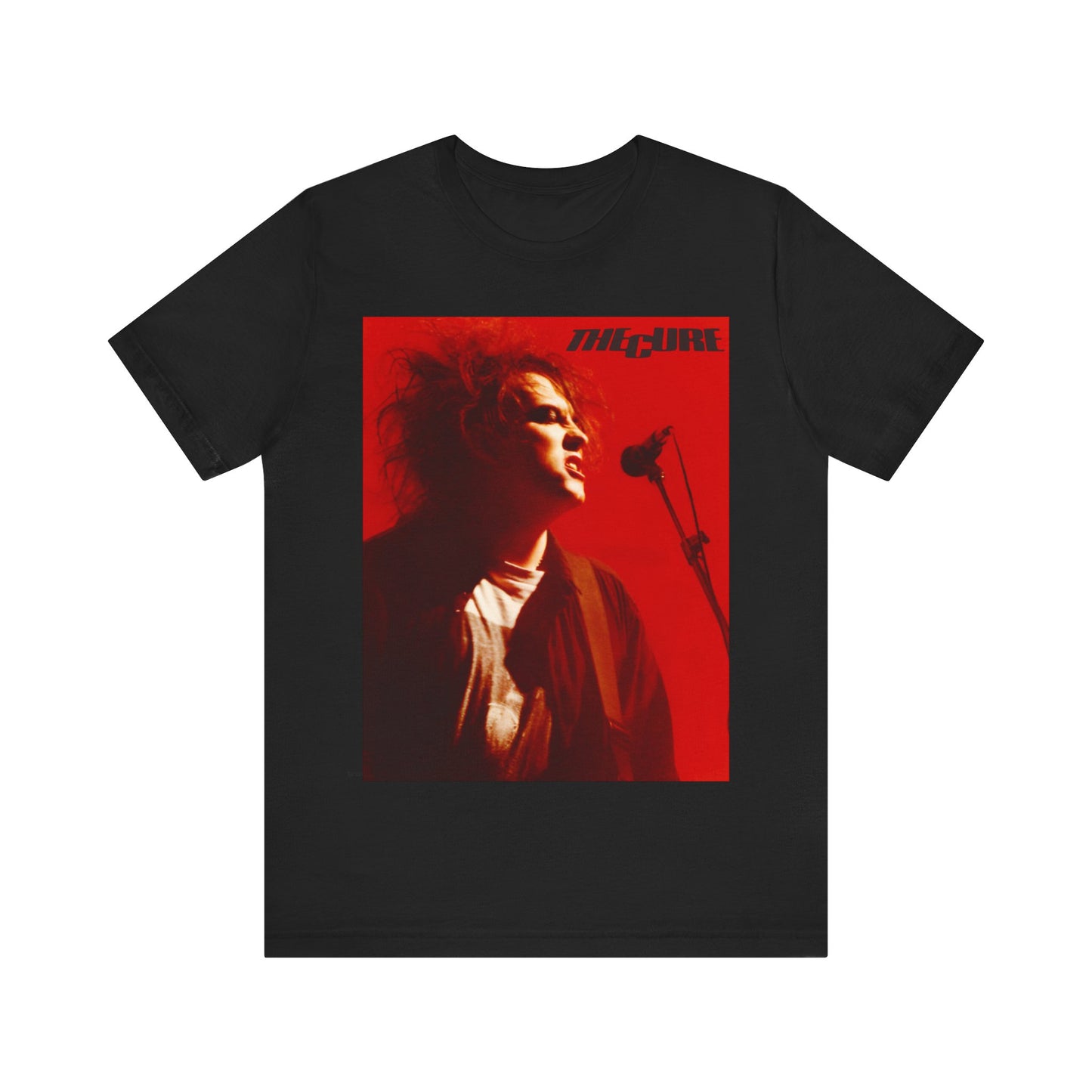 A black graphic t-shirt featuring a graphic of Robert Smith from The Cure with iconic red lipstick.