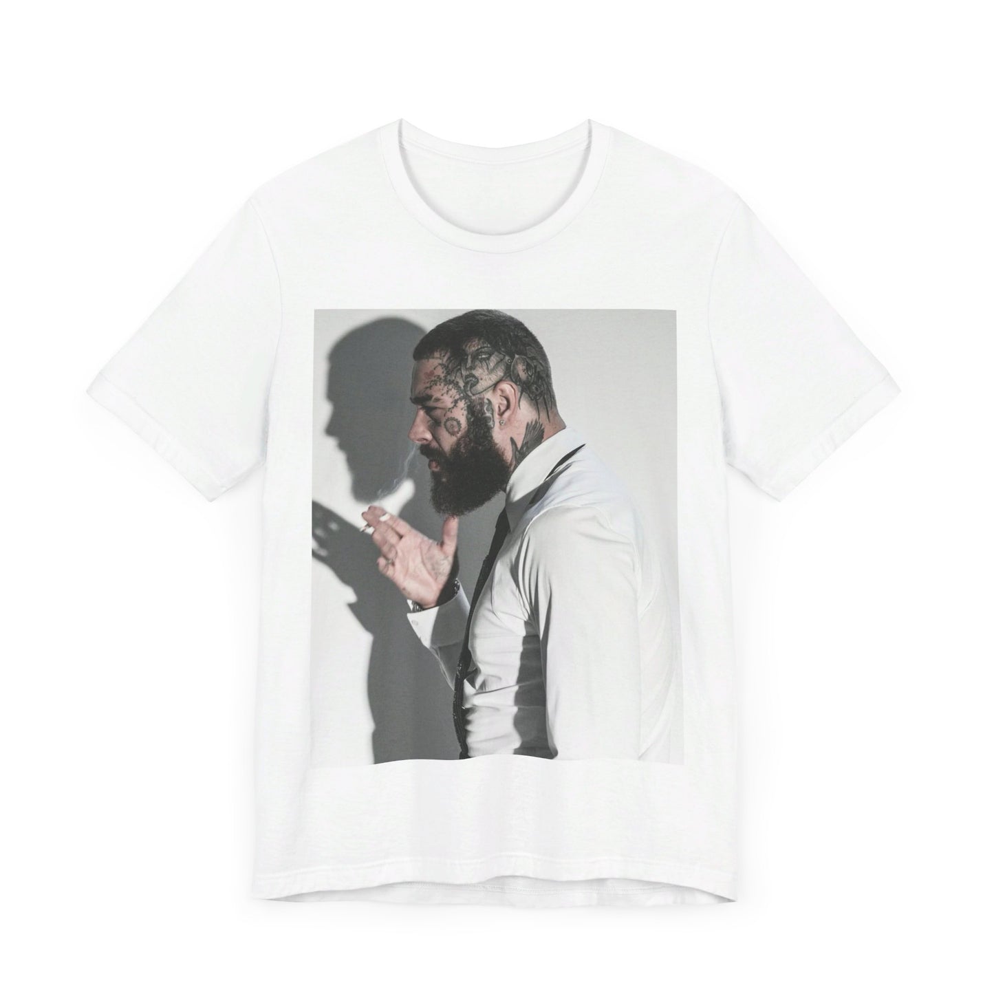 A black graphic t-shirt featuring a graphic of Post Malone with his classic face tattoos.