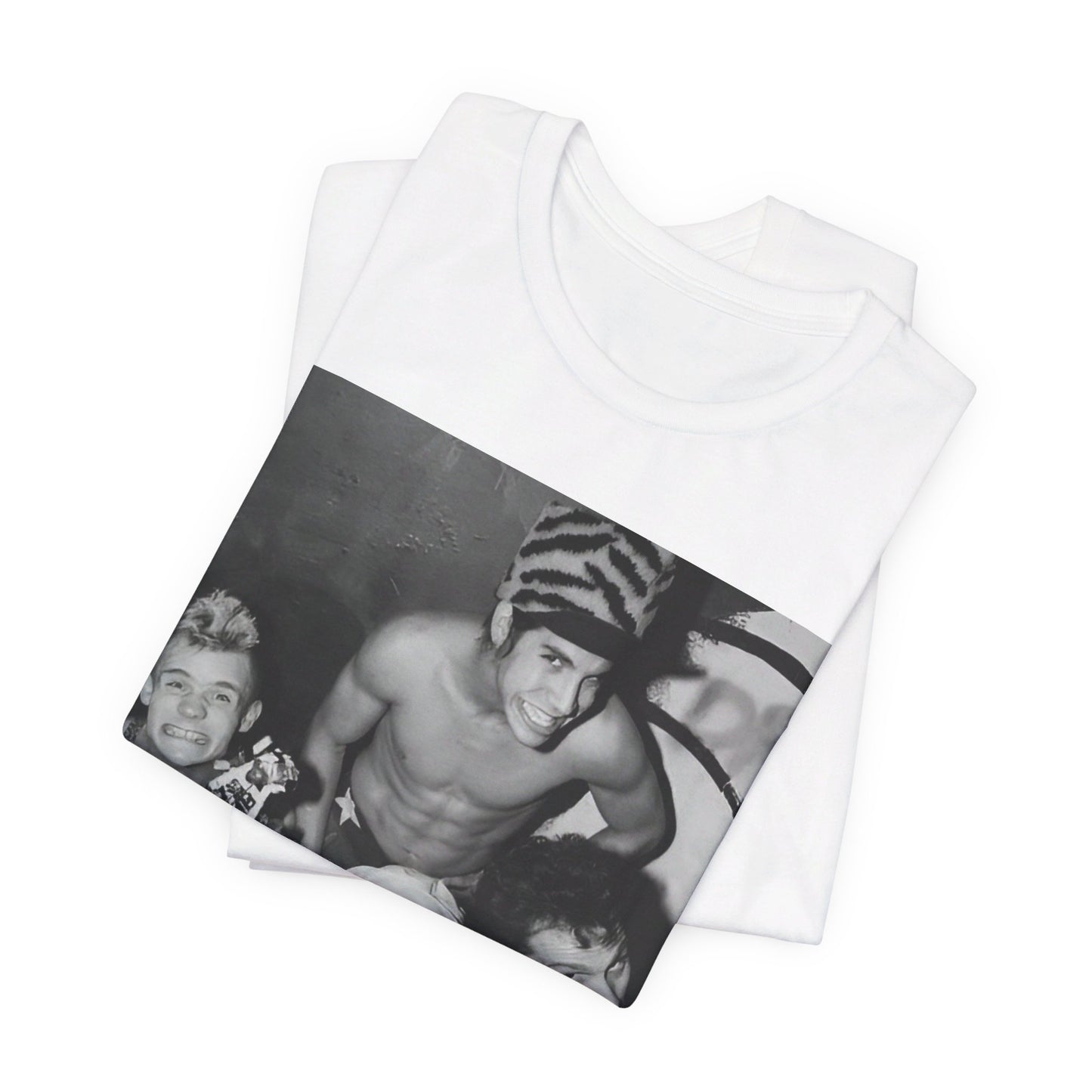A black graphic t-shirt featuring an 80s vintage funk rock graphic of Red Hot Chili Peppers.