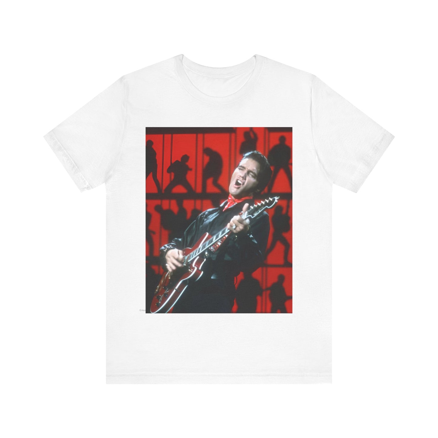 A black graphic t-shirt featuring a vintage photo of Elvis Presley from his Las Vegas residency.