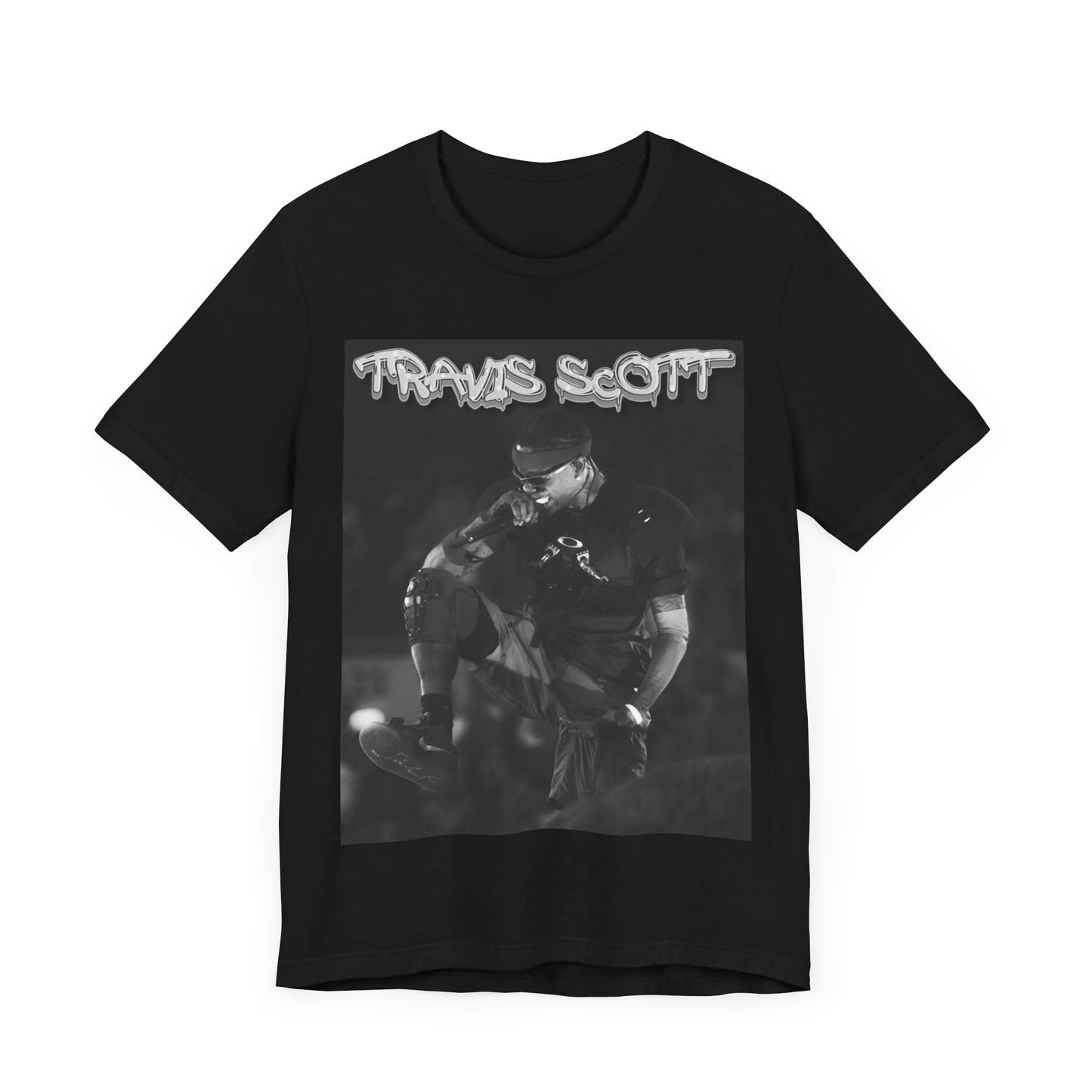 A black graphic t-shirt featuring a casual rap fan graphic of Travis Scott.
