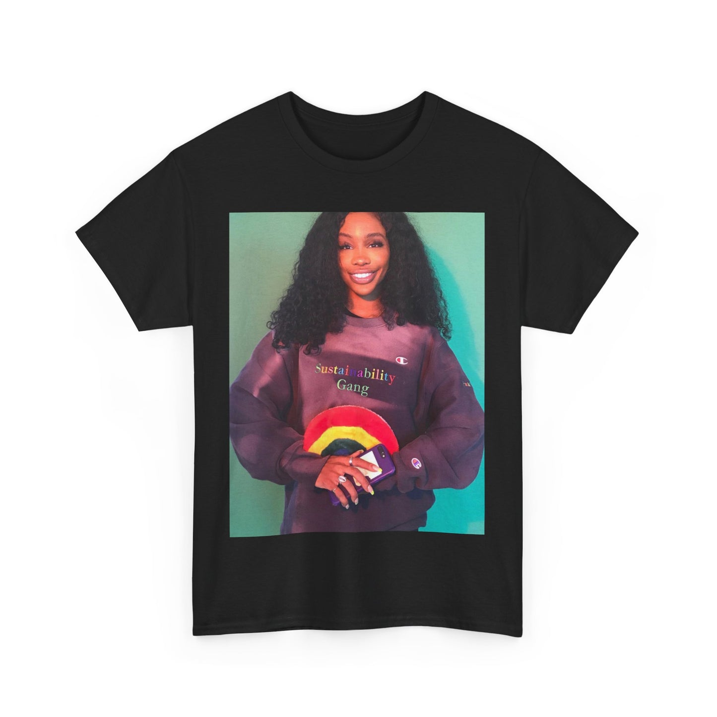 A black graphic t-shirt featuring a graphic of SZA with a feel-good R&B vibe.