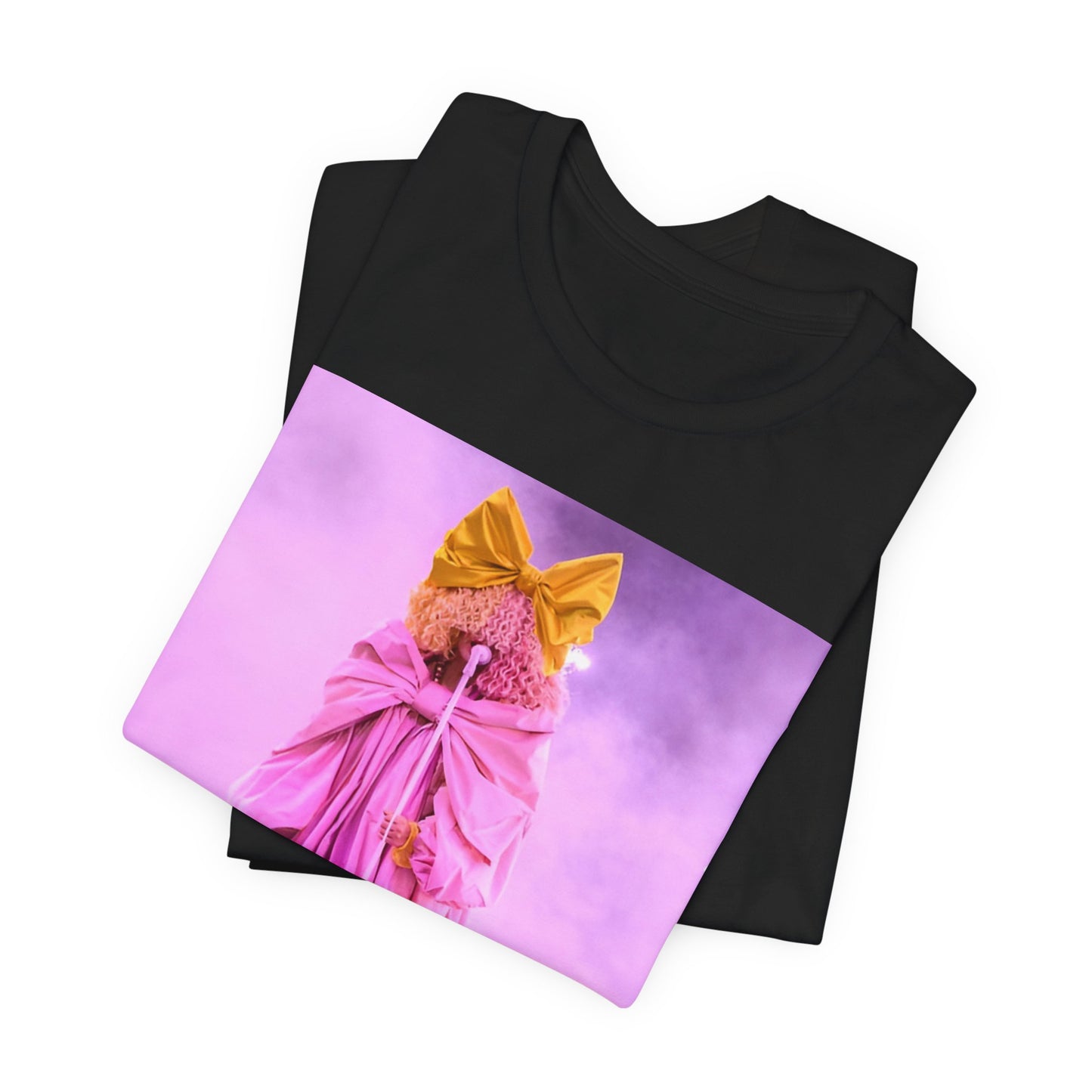A black graphic t-shirt featuring a graphic related to Sia's 'Chandelier' song or live era.