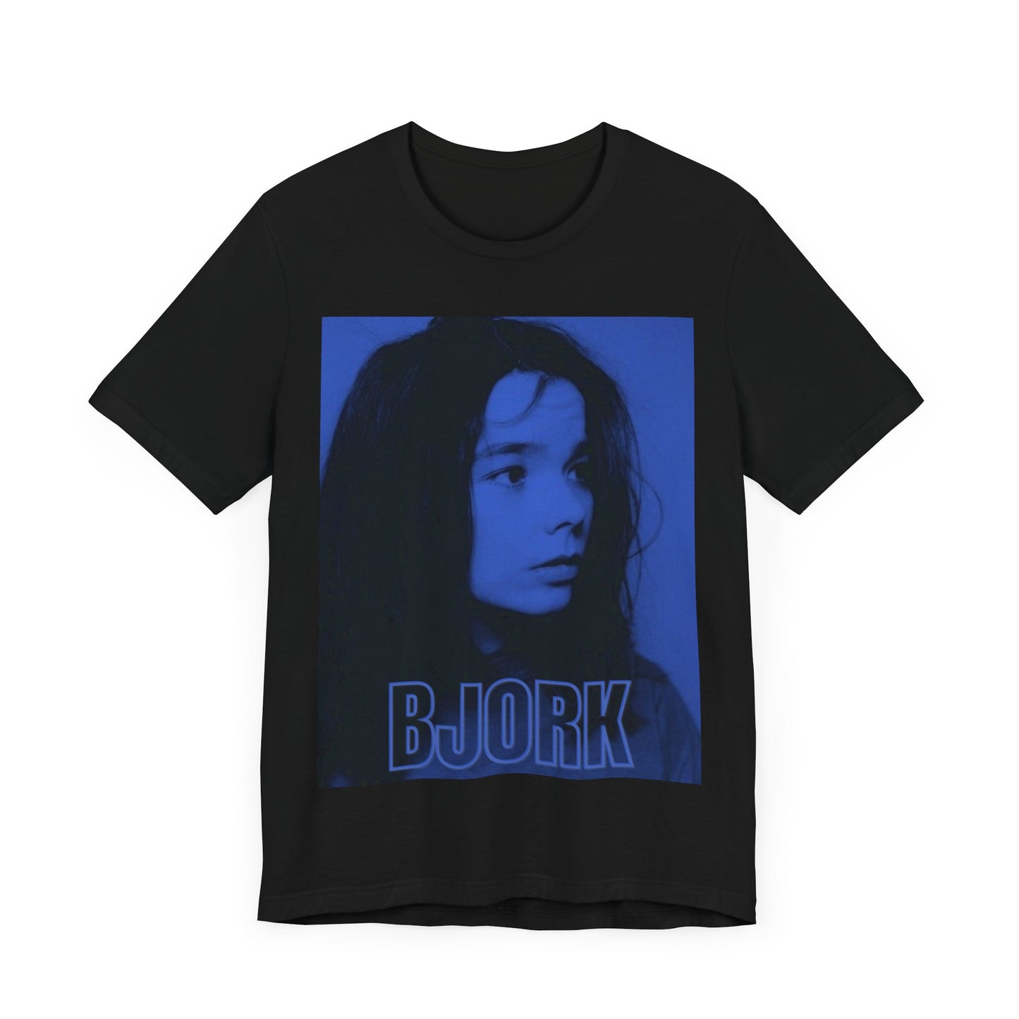 A black graphic t-shirt featuring a modern, avant-garde graphic of Bjork, possibly with abstract or futuristic elements.