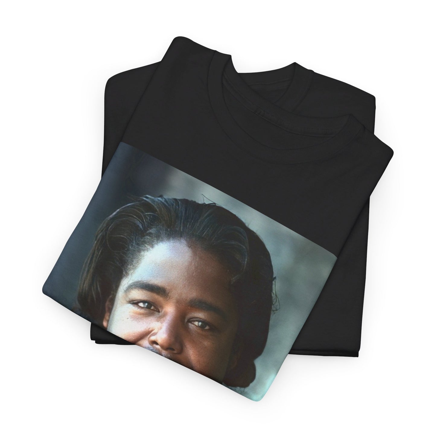 A black graphic t-shirt featuring a retro pop art portrait graphic of Barry White from the 1970s.