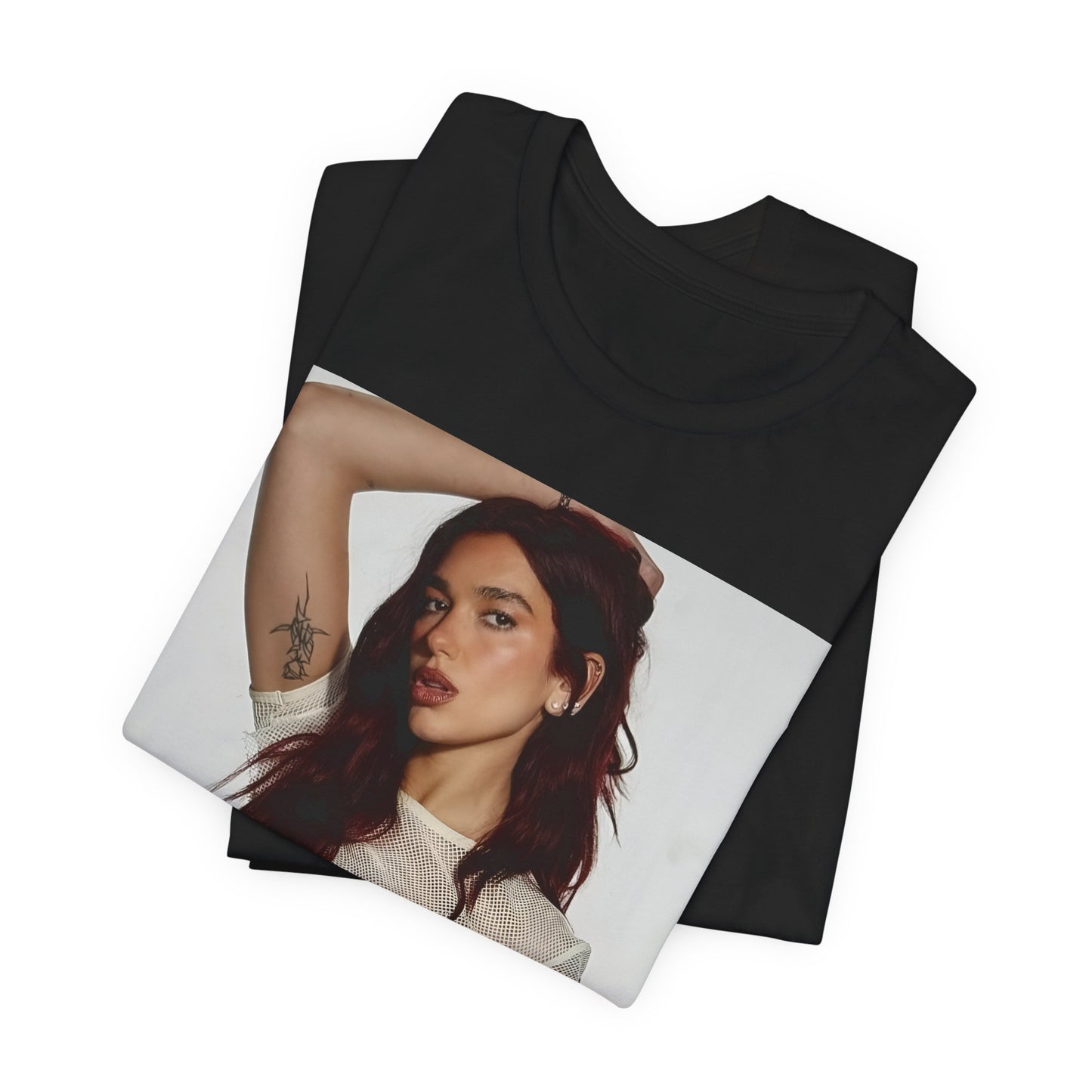 A black graphic t-shirt featuring a minimal graphic of Dua Lipa.
