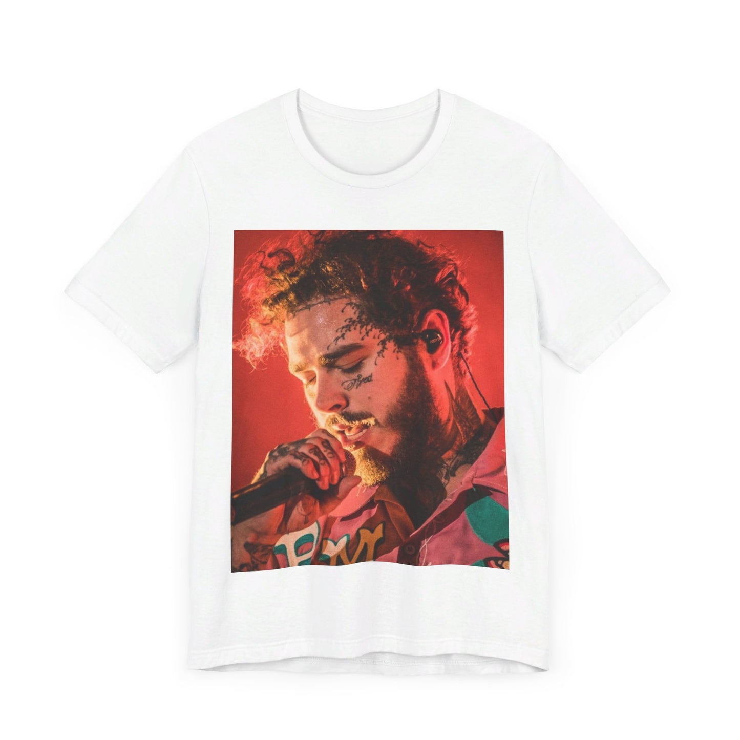A black graphic t-shirt featuring a graphic of Post Malone in a tattoo art style.