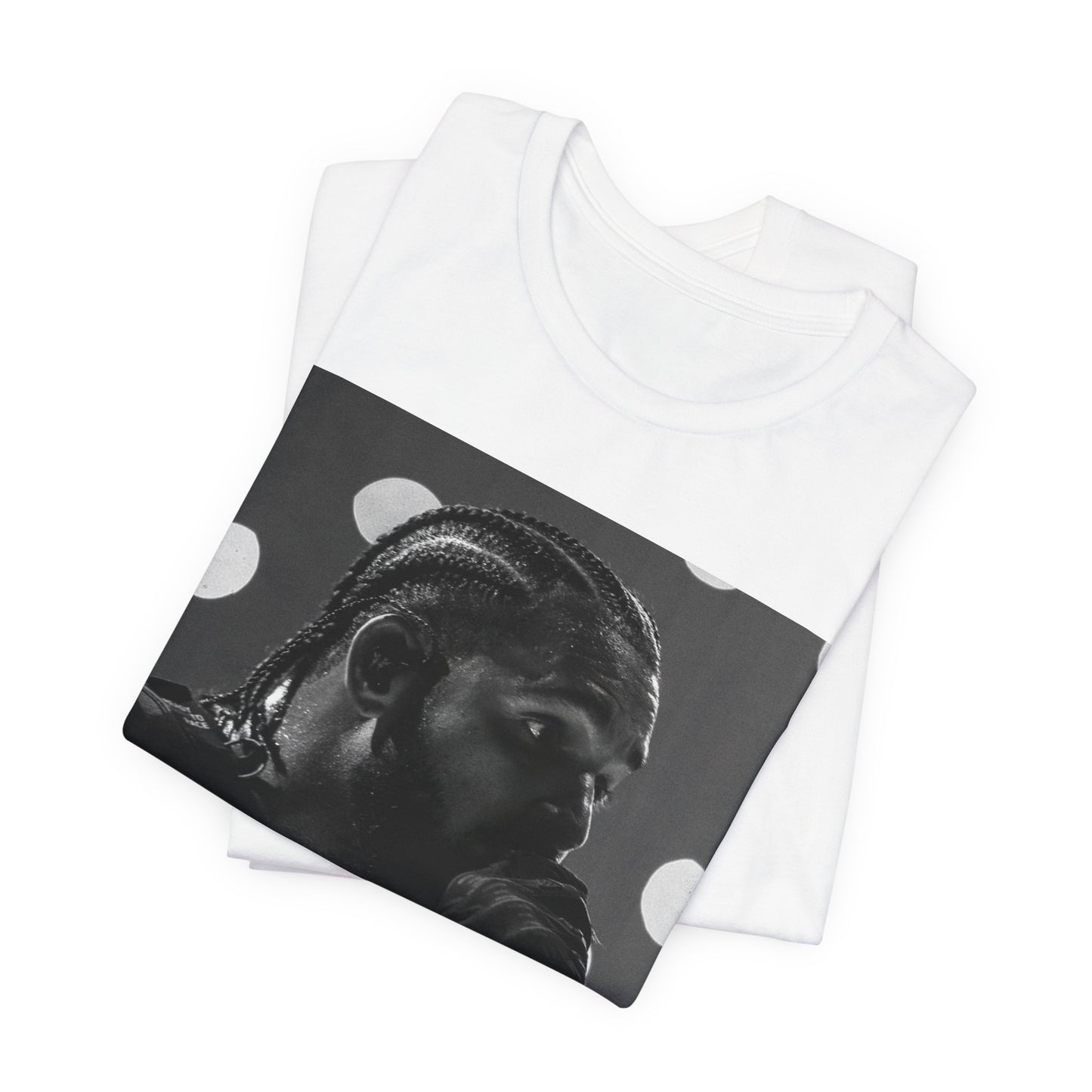 A black graphic t-shirt featuring a classic black and white style graphic of Drake.