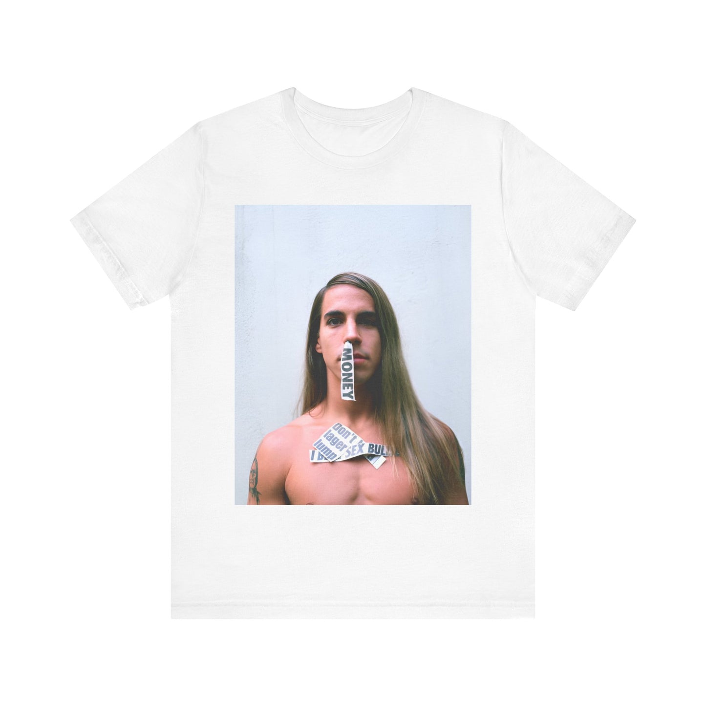 A black graphic t-shirt featuring a 90s photo portrait of Anthony Kiedis from Red Hot Chili Peppers.