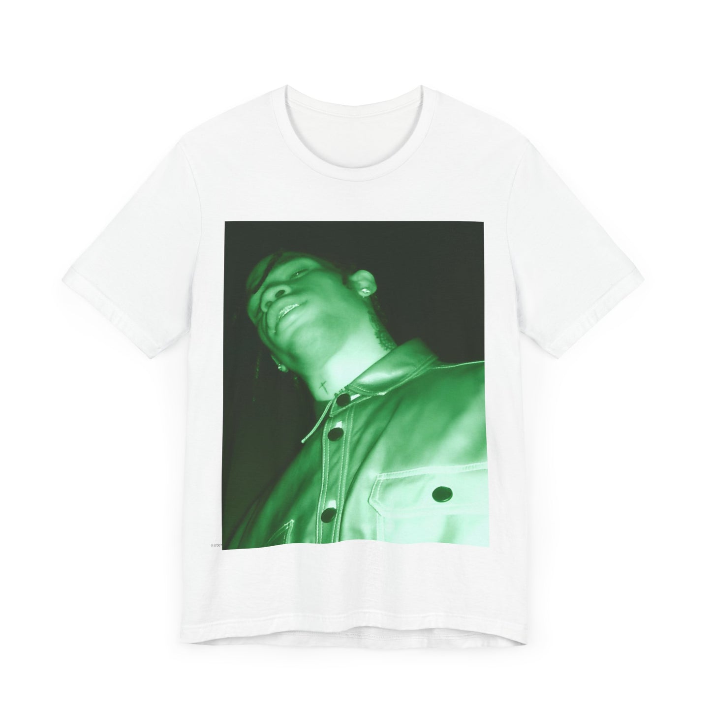 A black graphic t-shirt featuring a graphic of Travis Scott with psychedelic trap vibes.