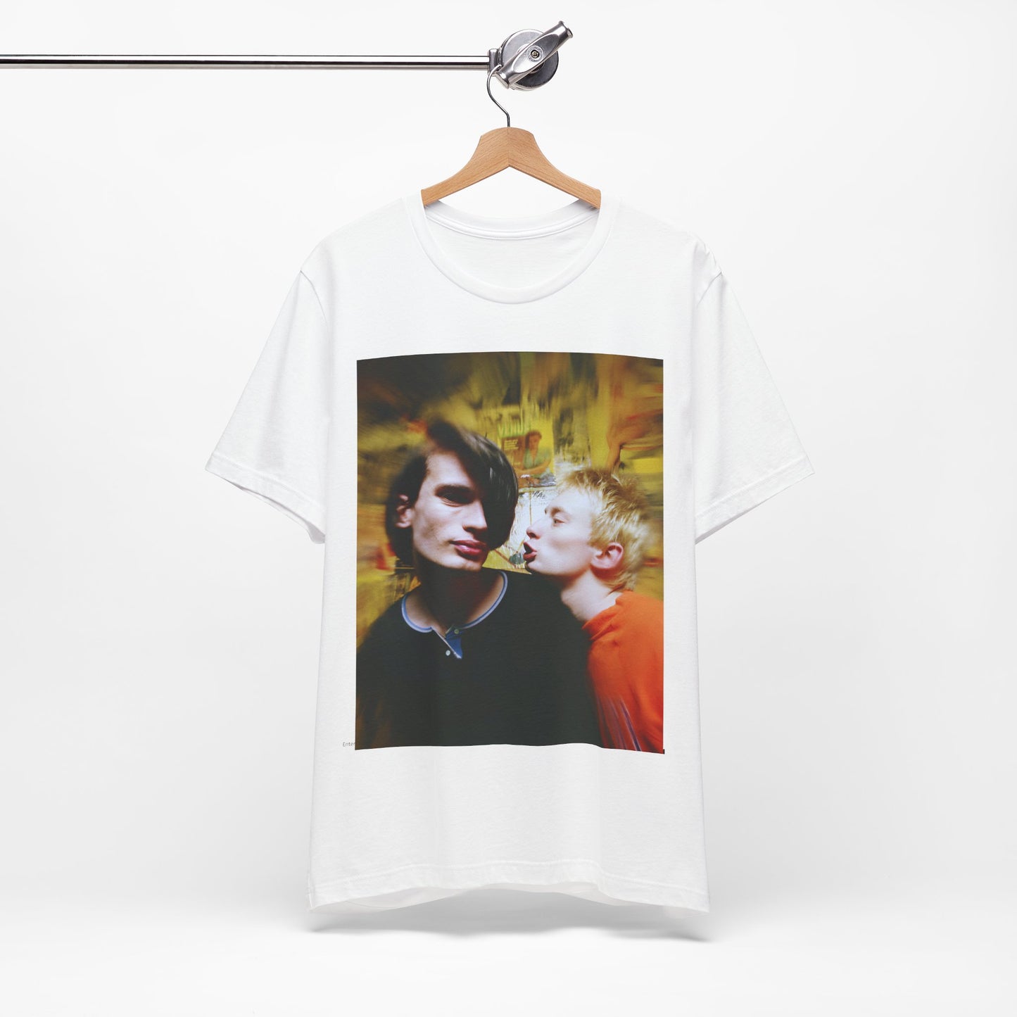 A black graphic t-shirt featuring a graphic related to Radiohead's 'No Surprises' song or era.