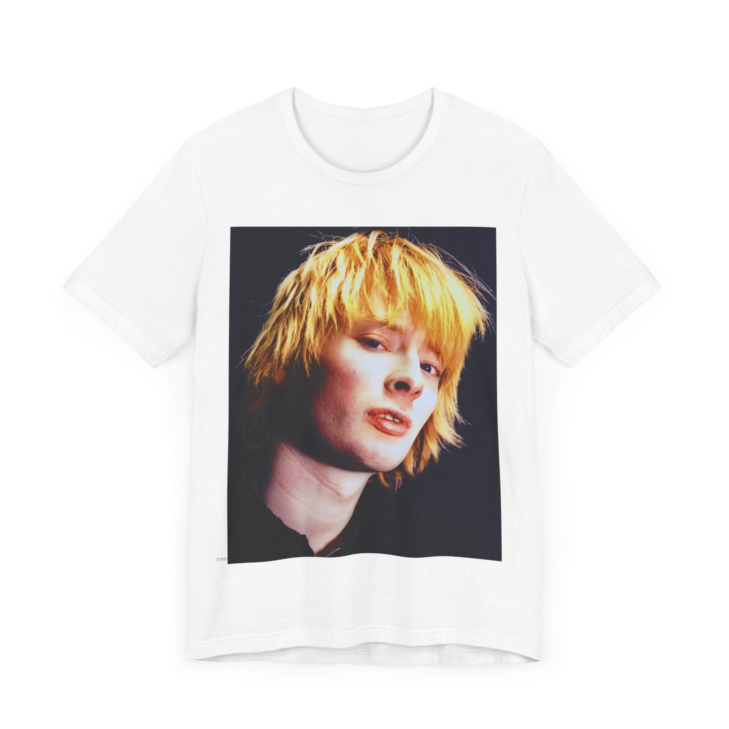 A black graphic t-shirt featuring an aesthetic graphic of Thom Yorke from Radiohead.