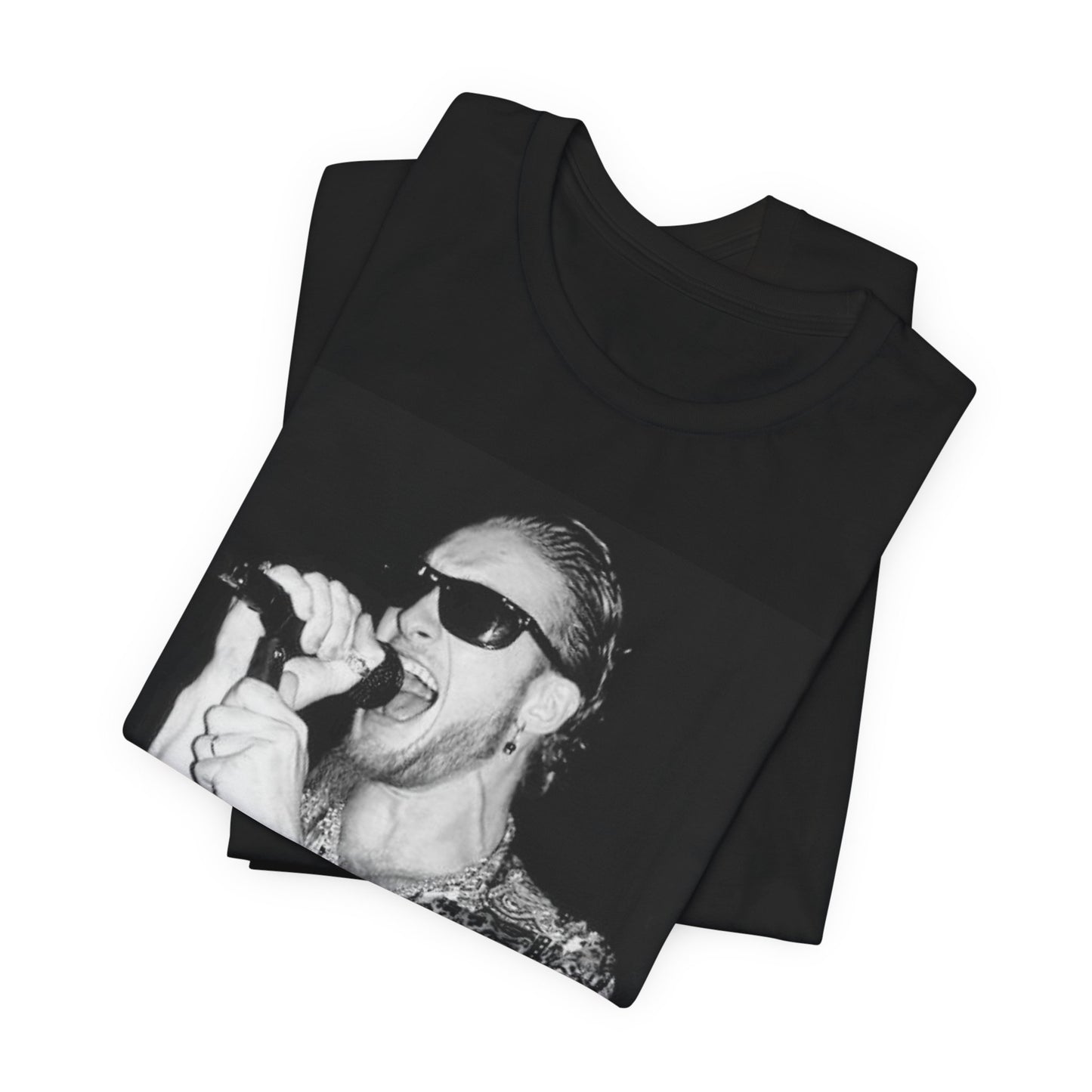 A black graphic t-shirt featuring an iconic black and white portrait photo of Layne Staley from Alice In Chains, showing his distinctive look.