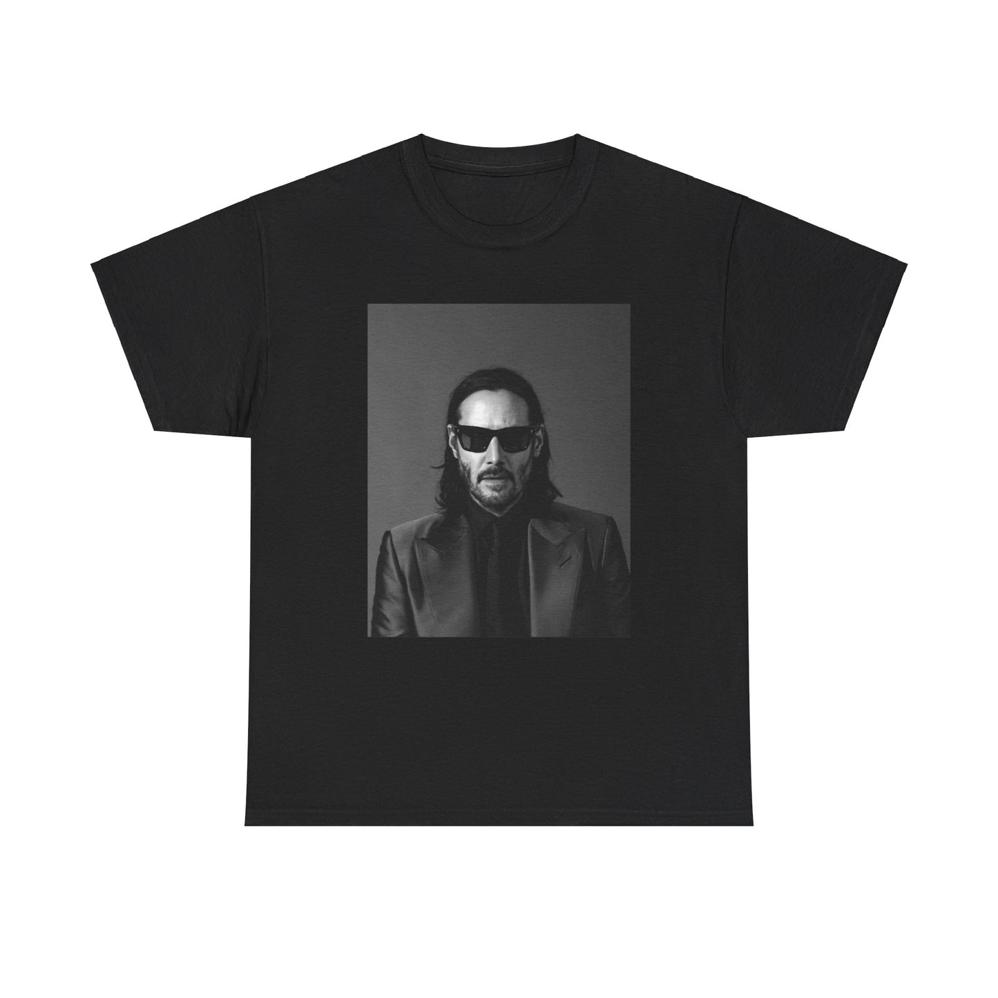 A black graphic t-shirt featuring an aesthetic graphic of Keanu Reeves as an action hero.
