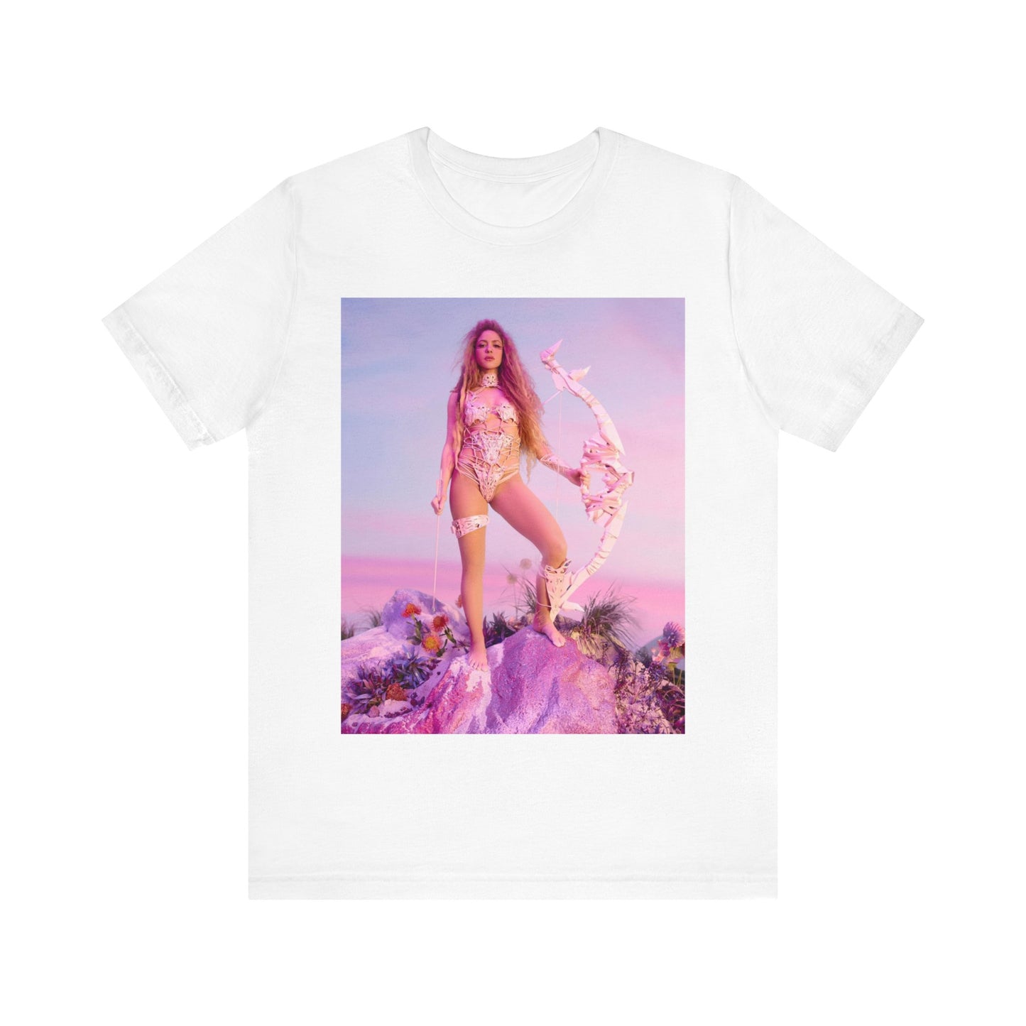 A black graphic t-shirt featuring a vintage ethereal warrior graphic of Shakira.