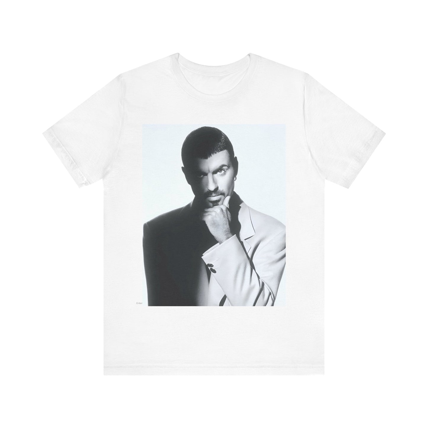 A black graphic t-shirt featuring a 90s aesthetic graphic of George Michael.