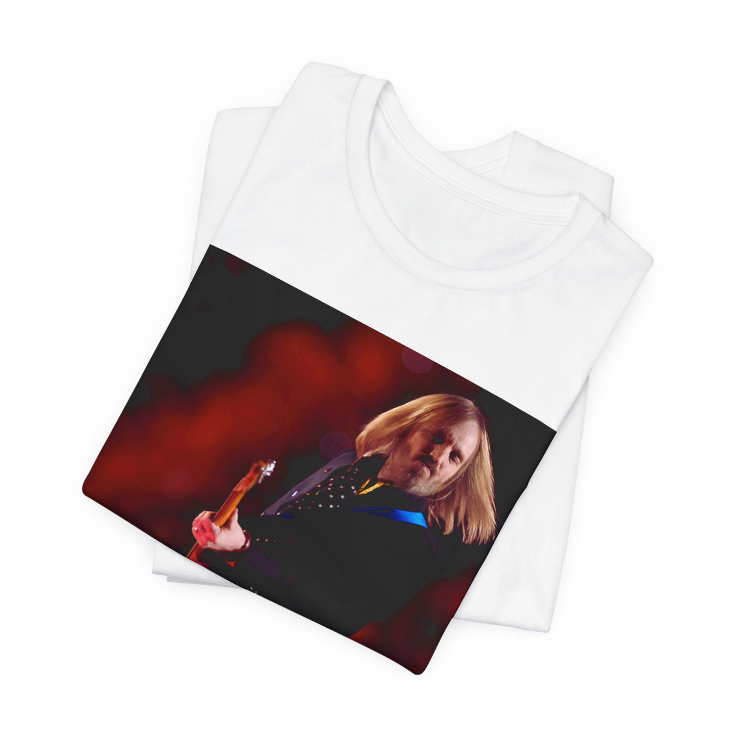 A black graphic t-shirt featuring a graphic or photo of Tom Petty as a powerhouse live performer.