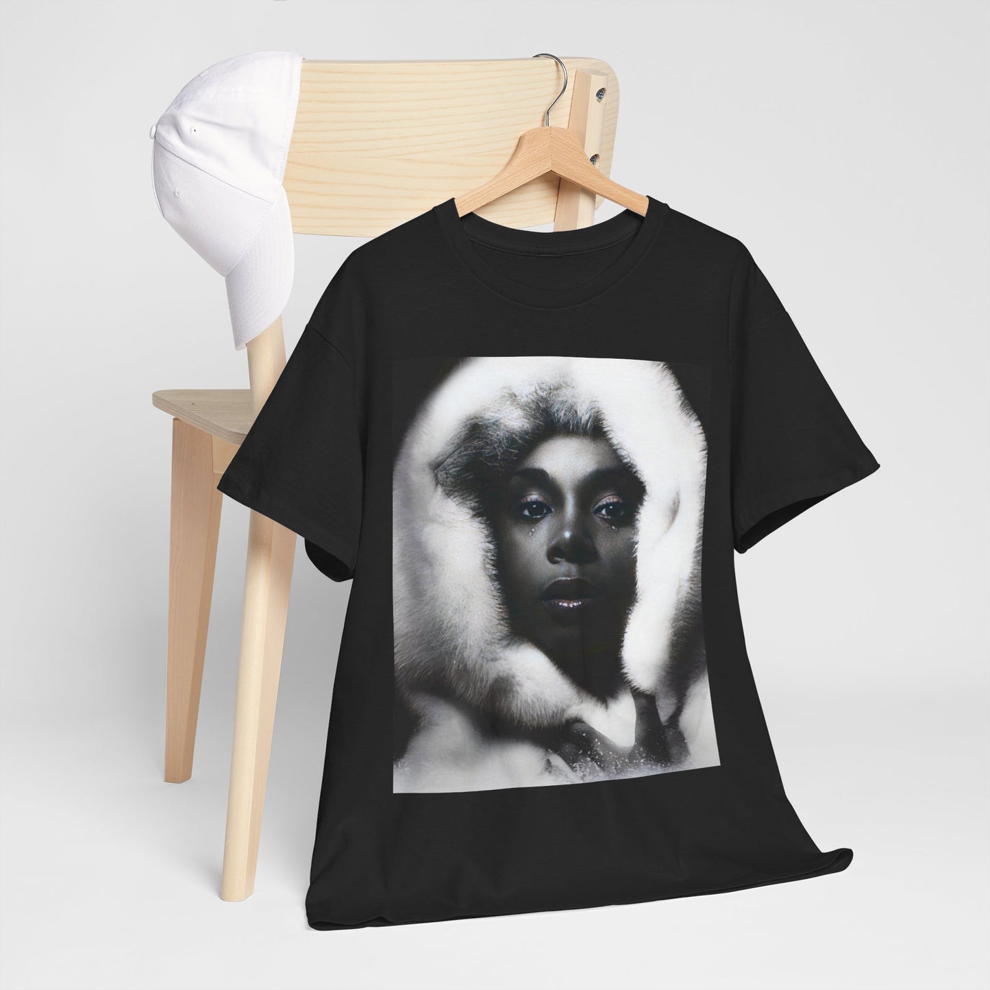 A black graphic t-shirt featuring a black and white, monochrome graphic or portrait of Donna Summer.