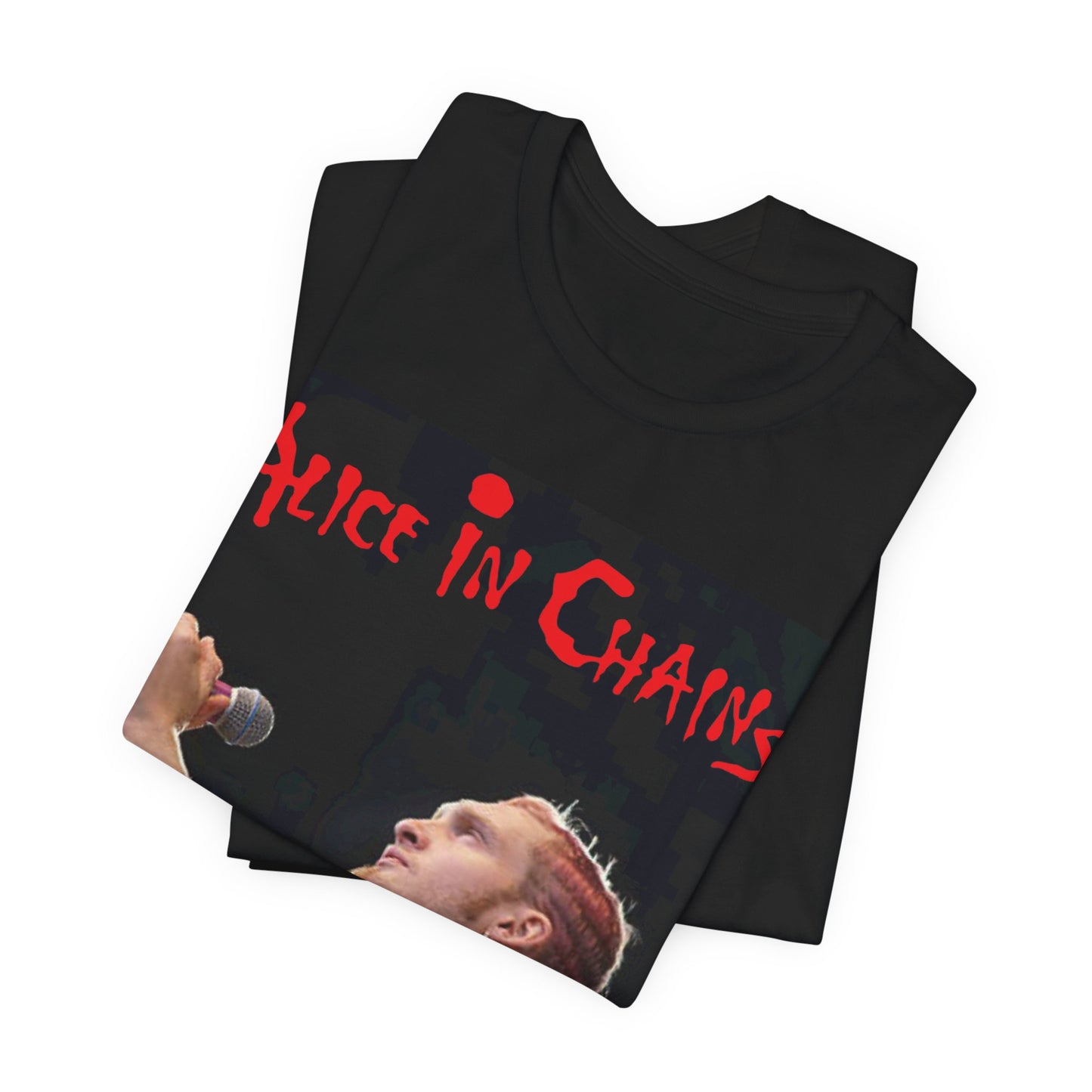 A black graphic t-shirt featuring the Alice In Chains logo in red, in a 90s grunge style.