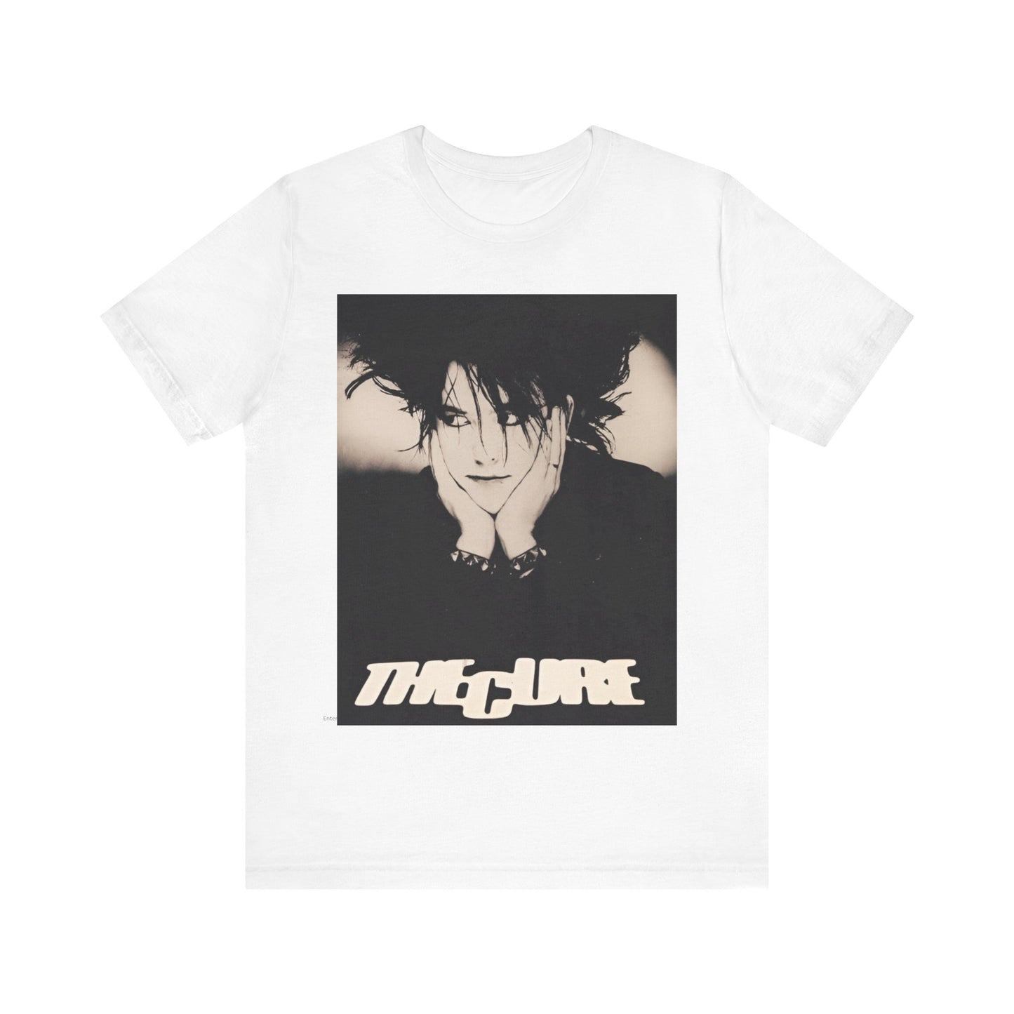 A black graphic t-shirt featuring a graphic of The Cure with cool new wave vibes.