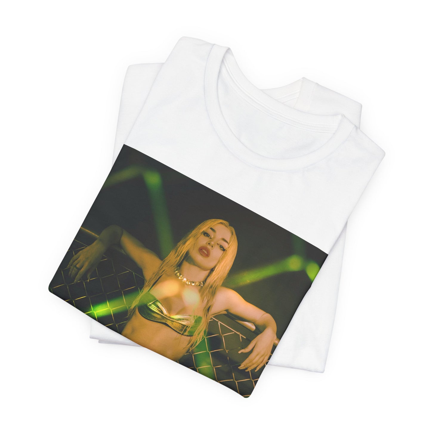 A black graphic t-shirt featuring a graphic of Ava Max with prominent neon green aesthetic elements.