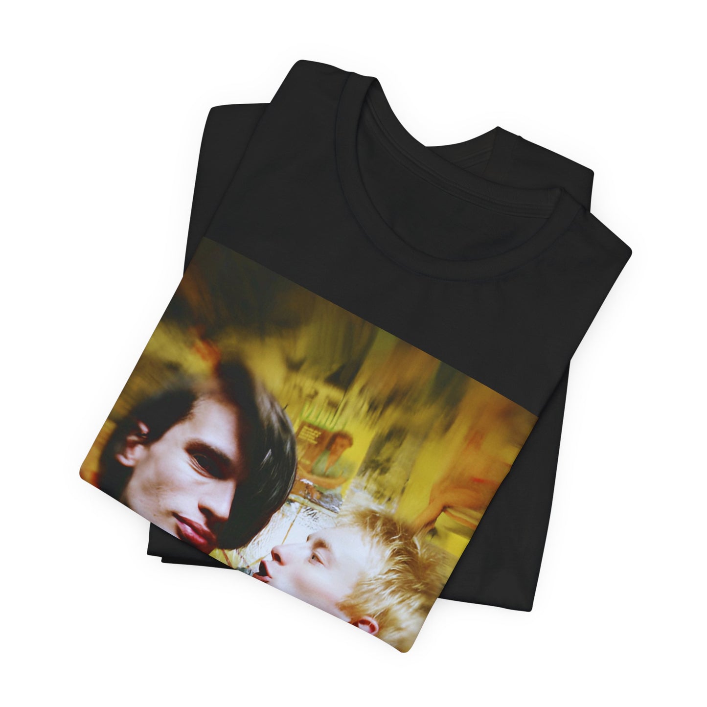 A black graphic t-shirt featuring a graphic related to Radiohead's 'No Surprises' song or era.