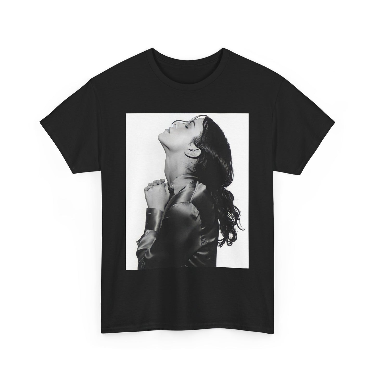 A black graphic t-shirt featuring a vintage black and white portrait of Alanis Morissette, showing her with a poised and thoughtful expression.