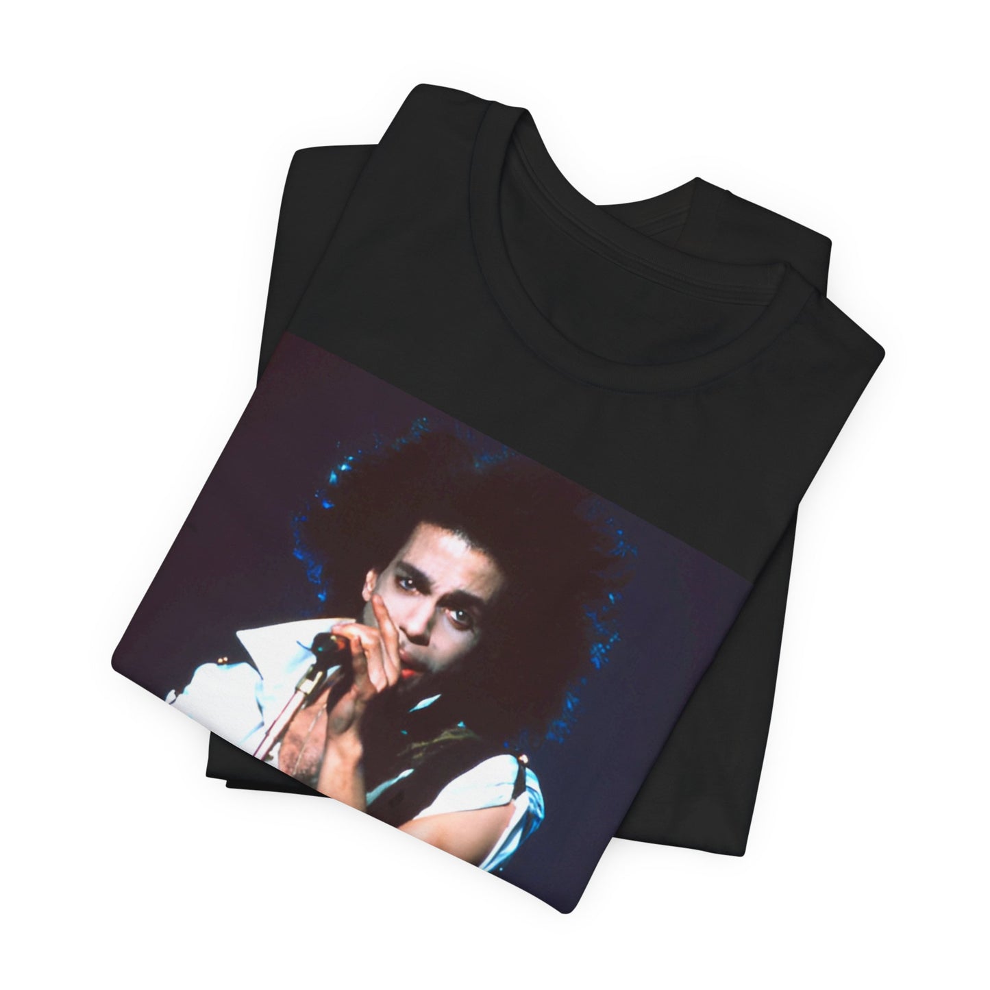 A black graphic t-shirt featuring a 90s live performance graphic of Prince.