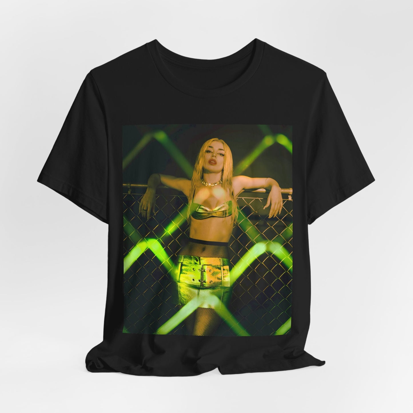 A black graphic t-shirt featuring a graphic of Ava Max with prominent neon green aesthetic elements.