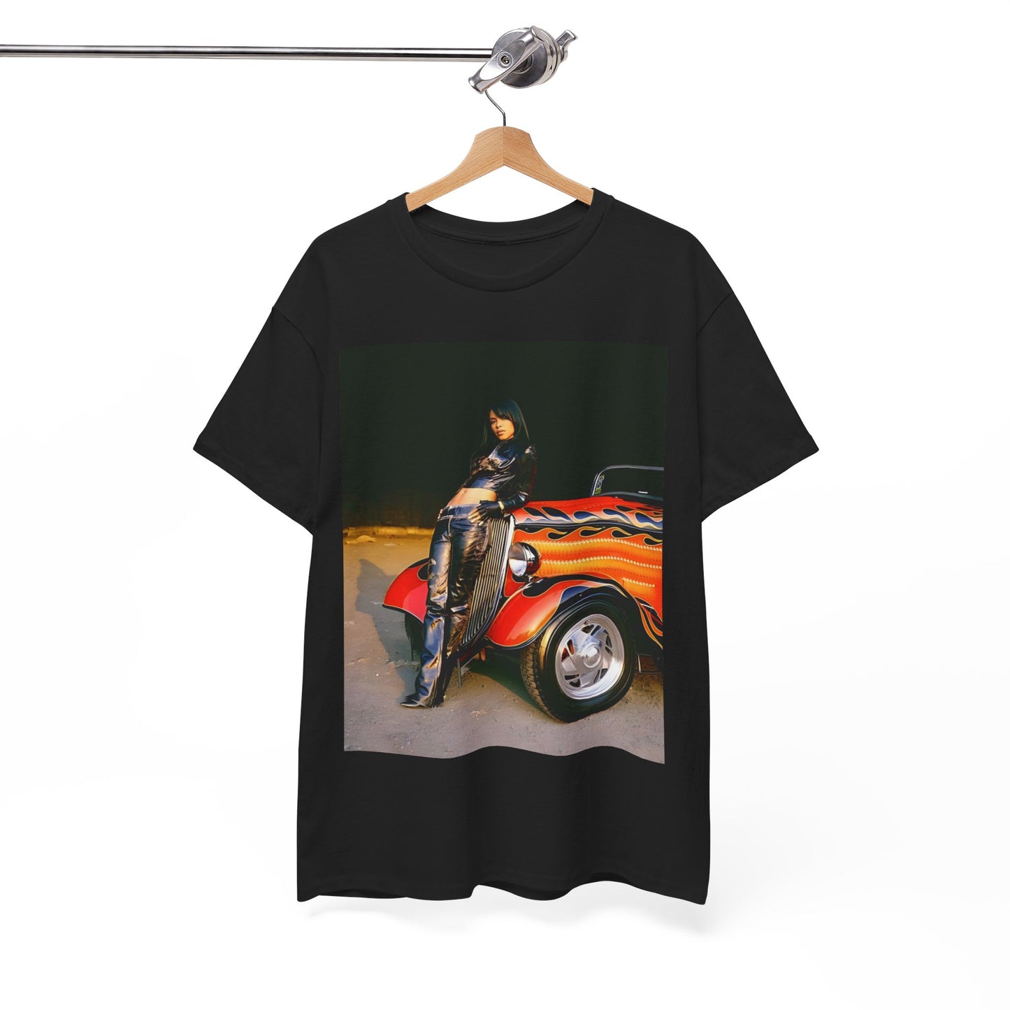 A black graphic t-shirt featuring a graphic of Aaliyah as an unapologetic R&B queen.