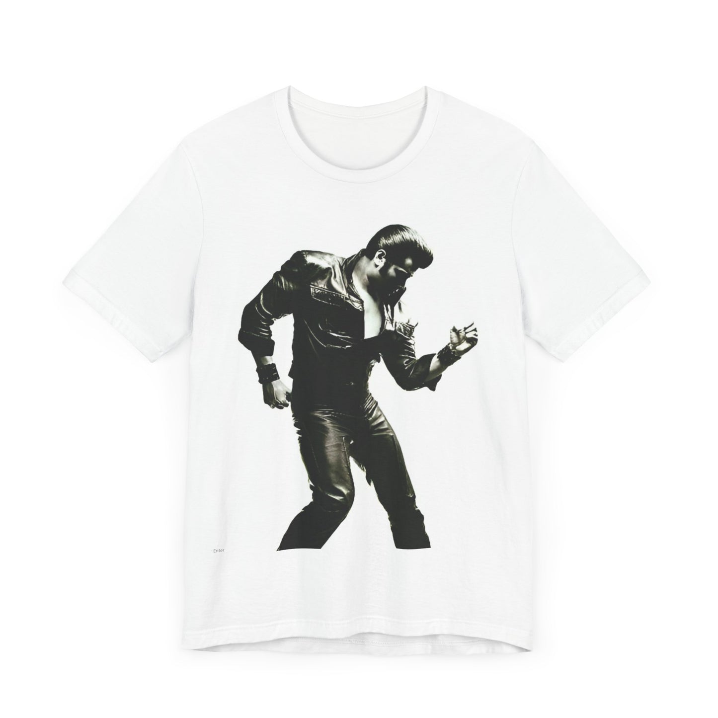 A black graphic t-shirt featuring a retro black and white monochrome photo or graphic of Elvis Presley.