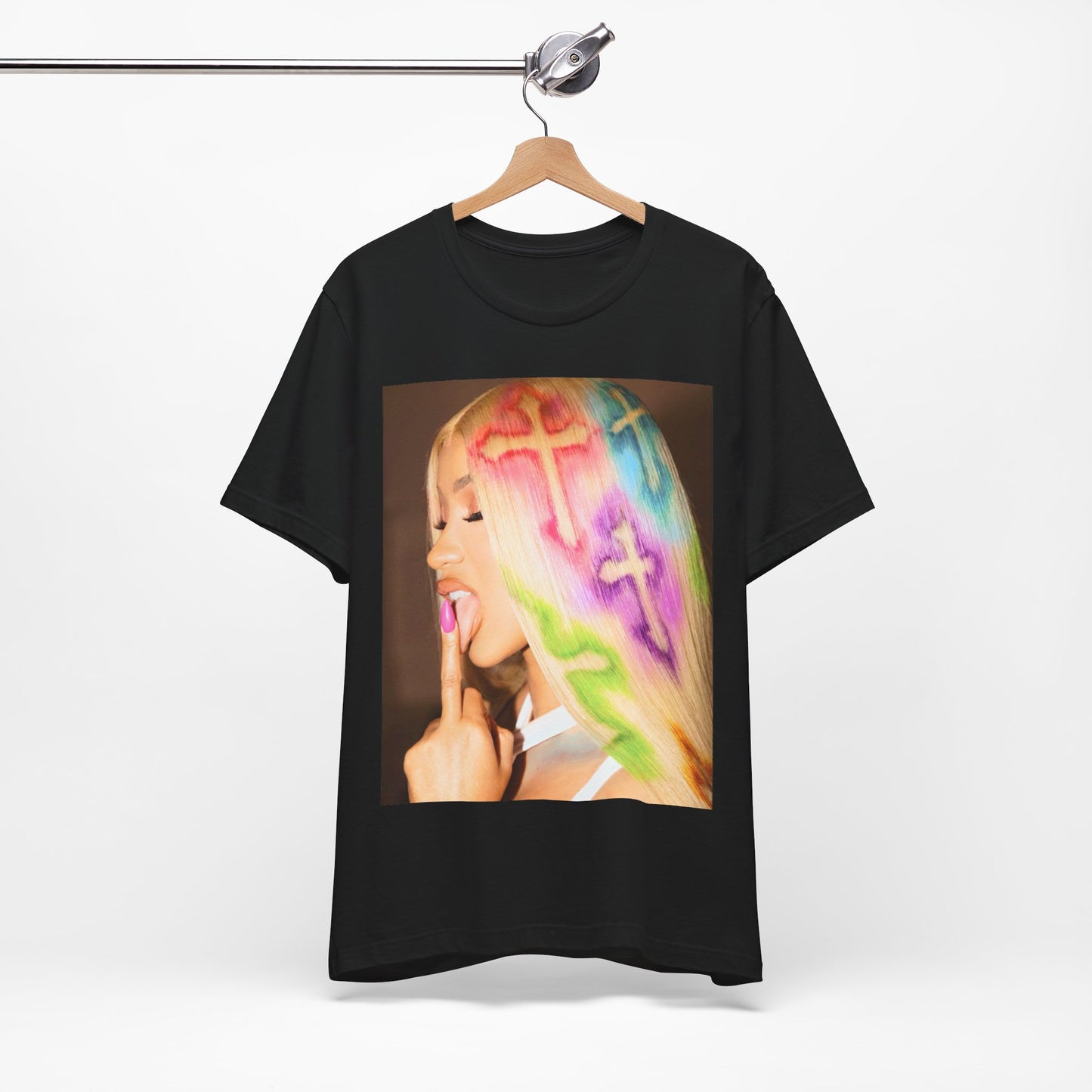 A black graphic t-shirt featuring a graphic related to Cardi B's 'Invasion of Privacy' album era.