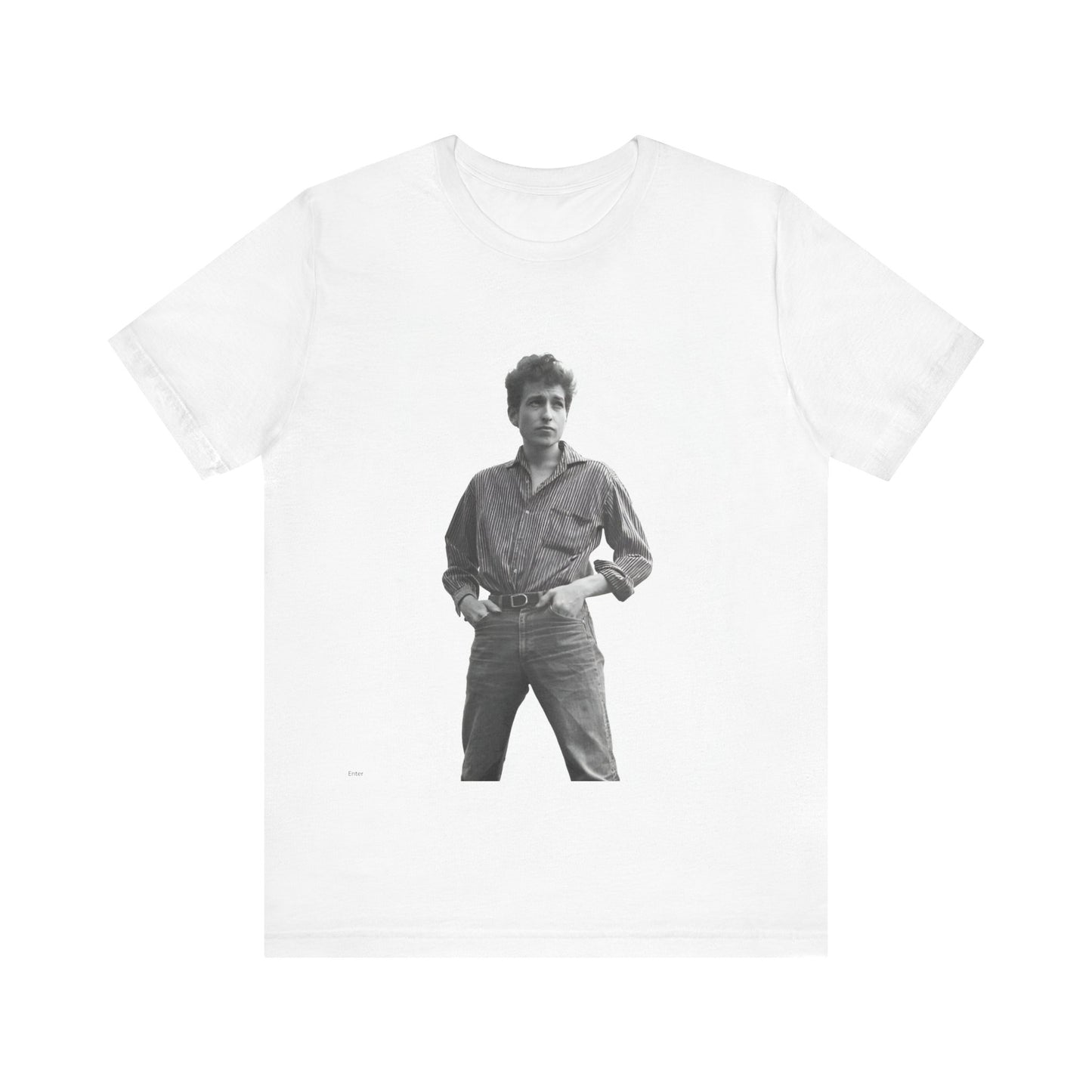 A black graphic t-shirt featuring a vintage 60s folk aesthetic graphic of Bob Dylan.