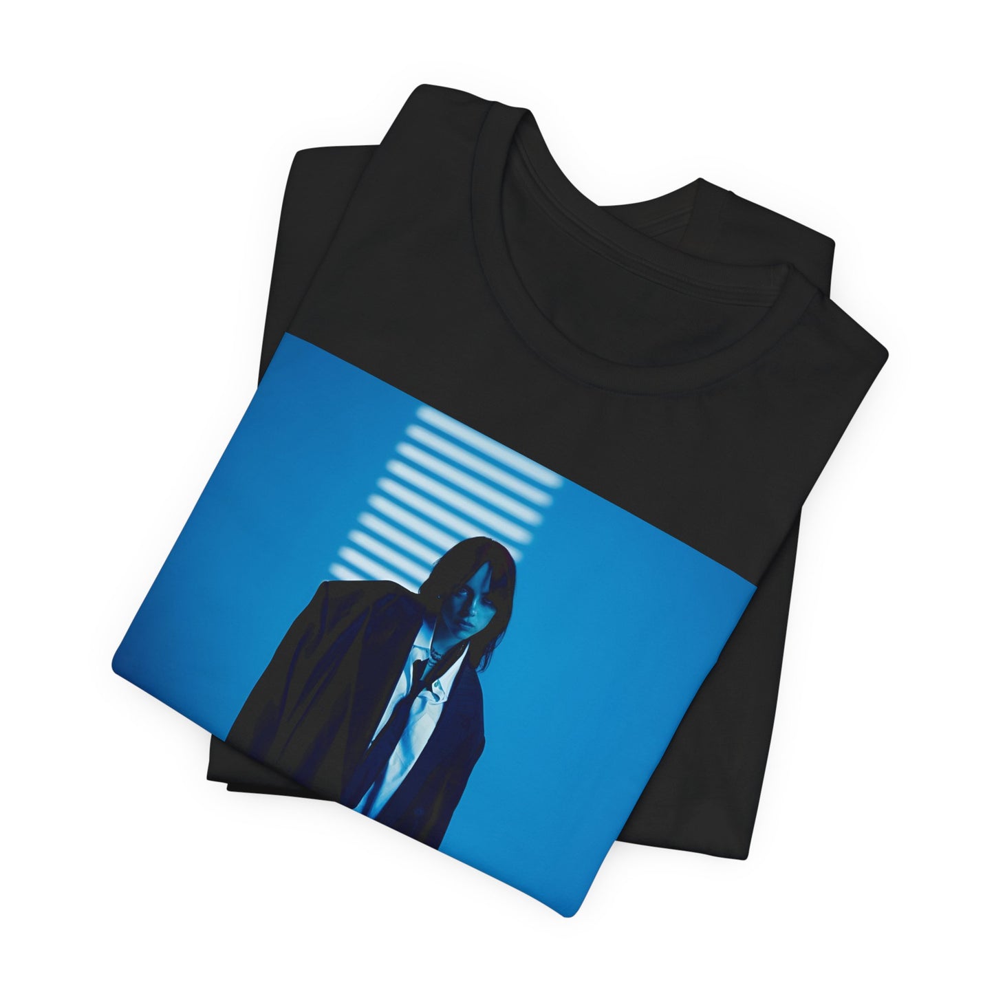 A high-fashion, editorial-style photo of Billie Eilish, embodying a 'breaking the rules' attitude, printed on a graphic t-shirt.
