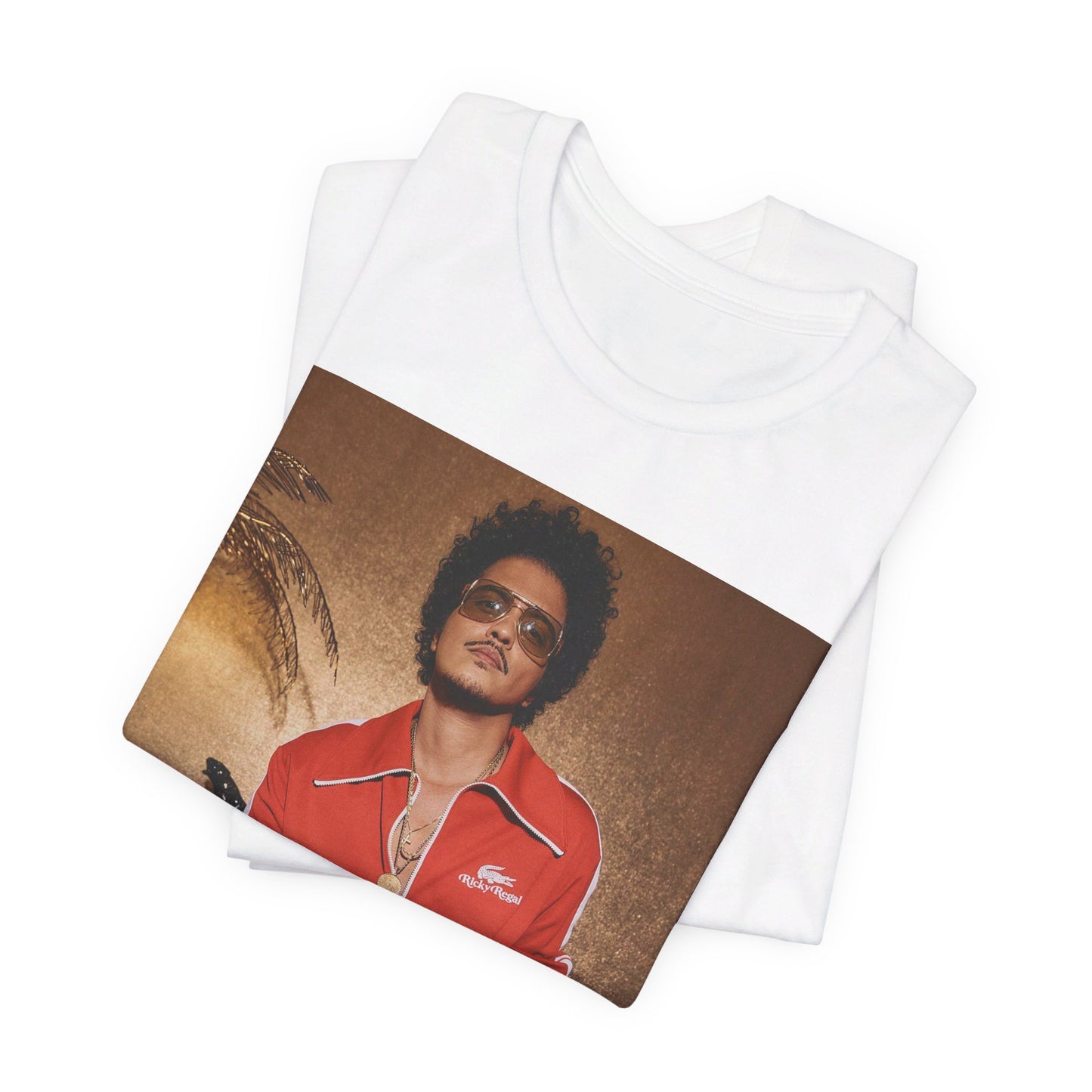 A black graphic t-shirt featuring a graphic of Bruno Mars related to funk and soul revival.