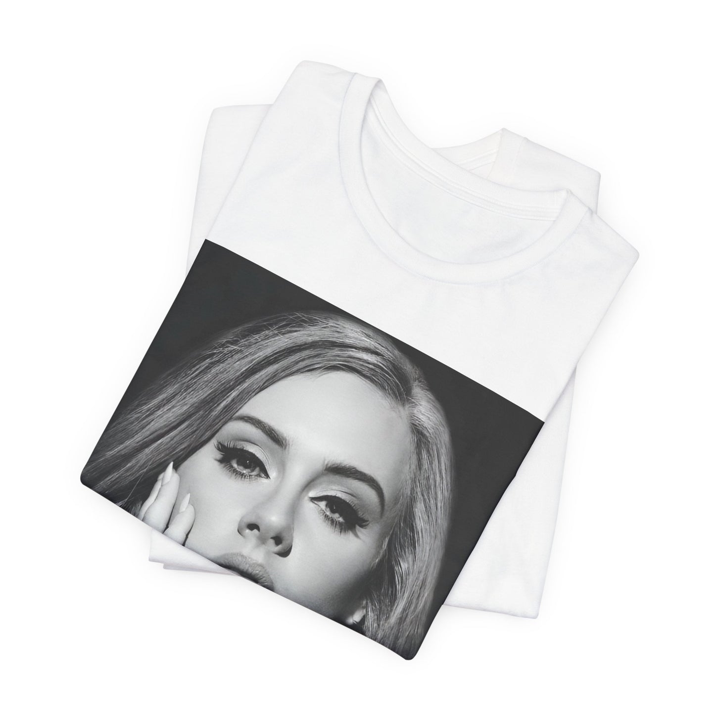 A black graphic t-shirt featuring a studio portrait of Adele from her '25' album era, showing a poised and thoughtful expression with her hair styled elegantly.