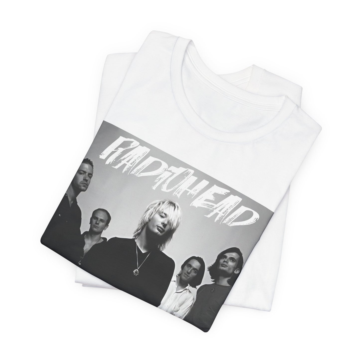 A black graphic t-shirt featuring a retro graphic related to Radiohead's 'OK Computer' album era.