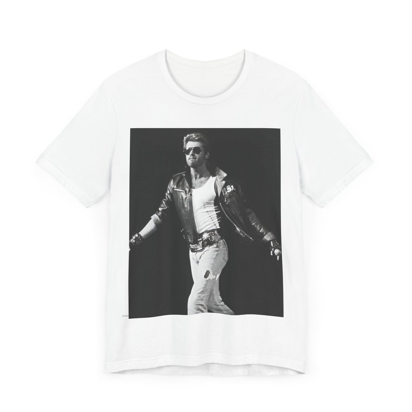 A black graphic t-shirt featuring a retro black and white monochrome graphic or photo of George Michael.