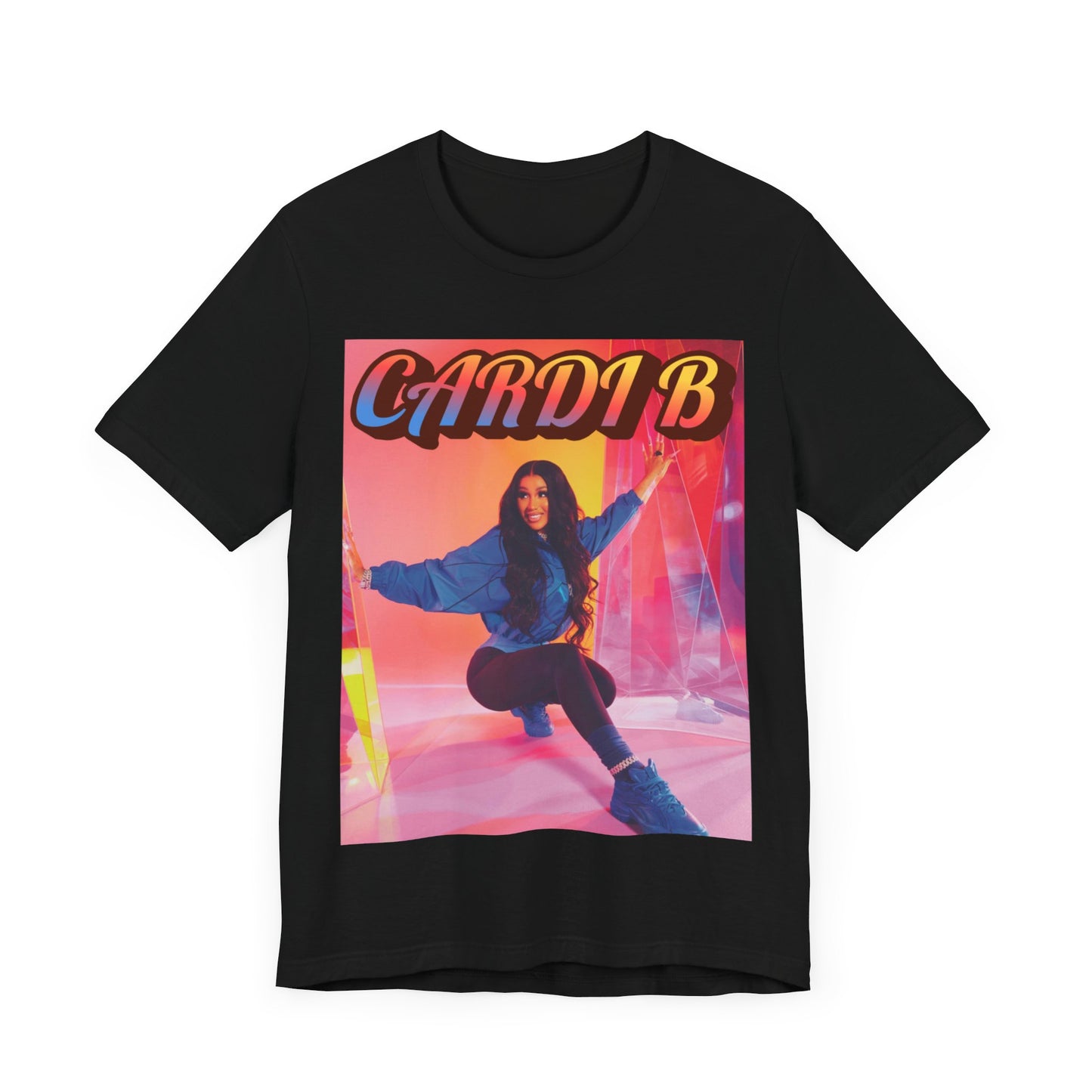 A black graphic t-shirt featuring a graphic of Cardi B, designed with a rap aesthetic.