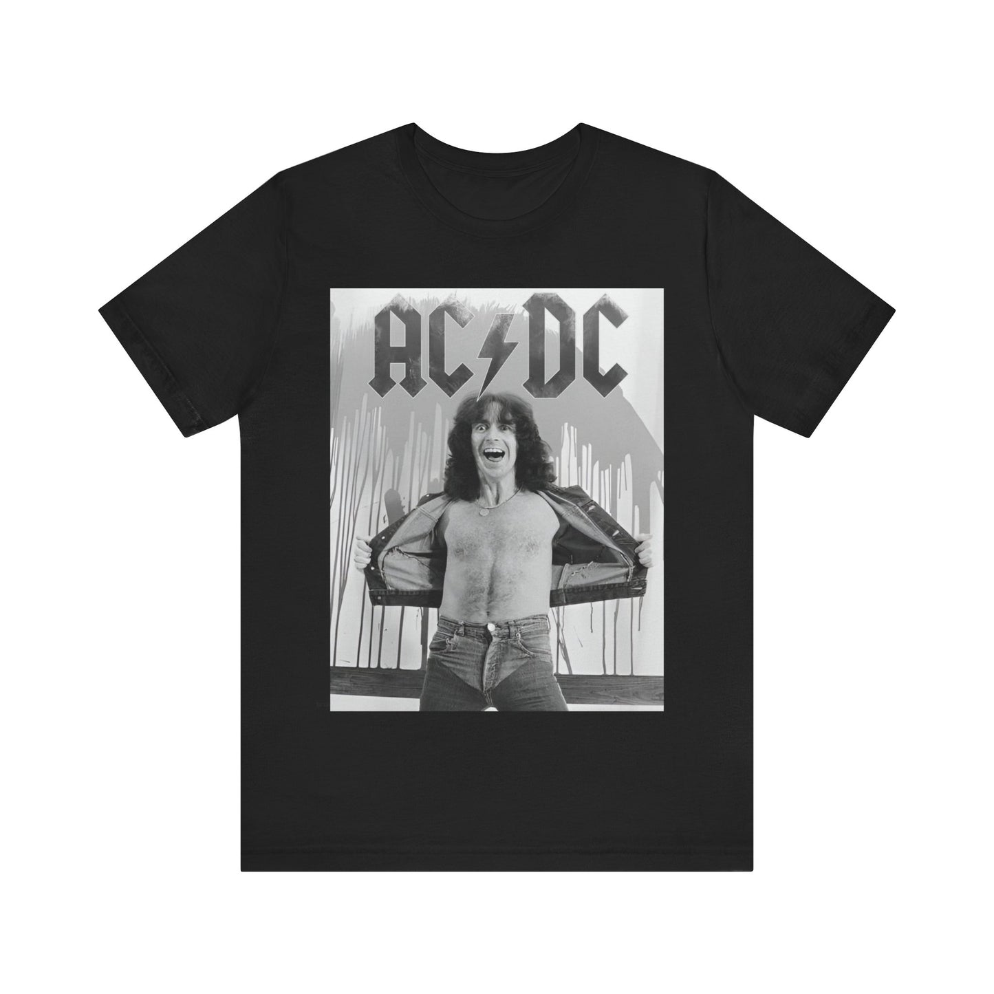 A vintage-style graphic of AC/DC's original frontman, Bon Scott, printed on a t-shirt.