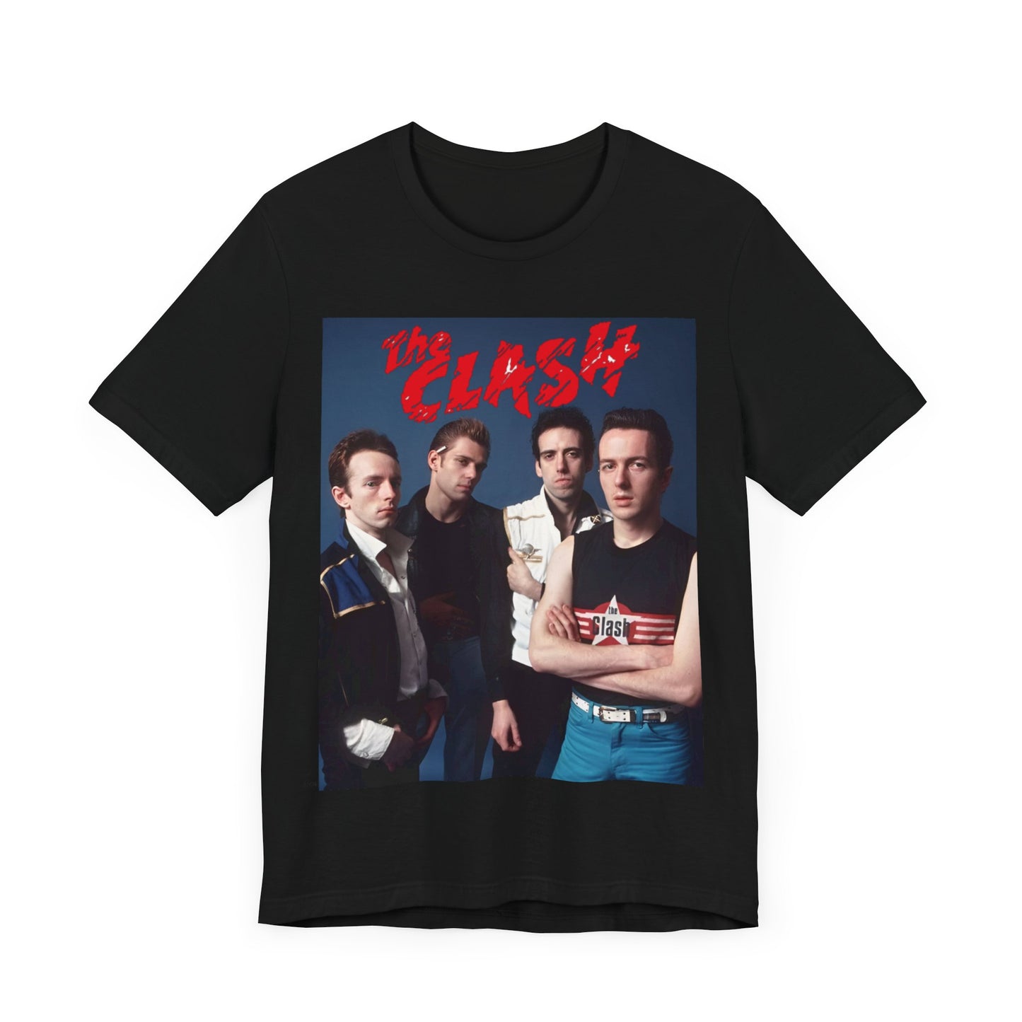 A black graphic t-shirt featuring a vintage graphic related to The Clash's 'Combat Rock' album era.