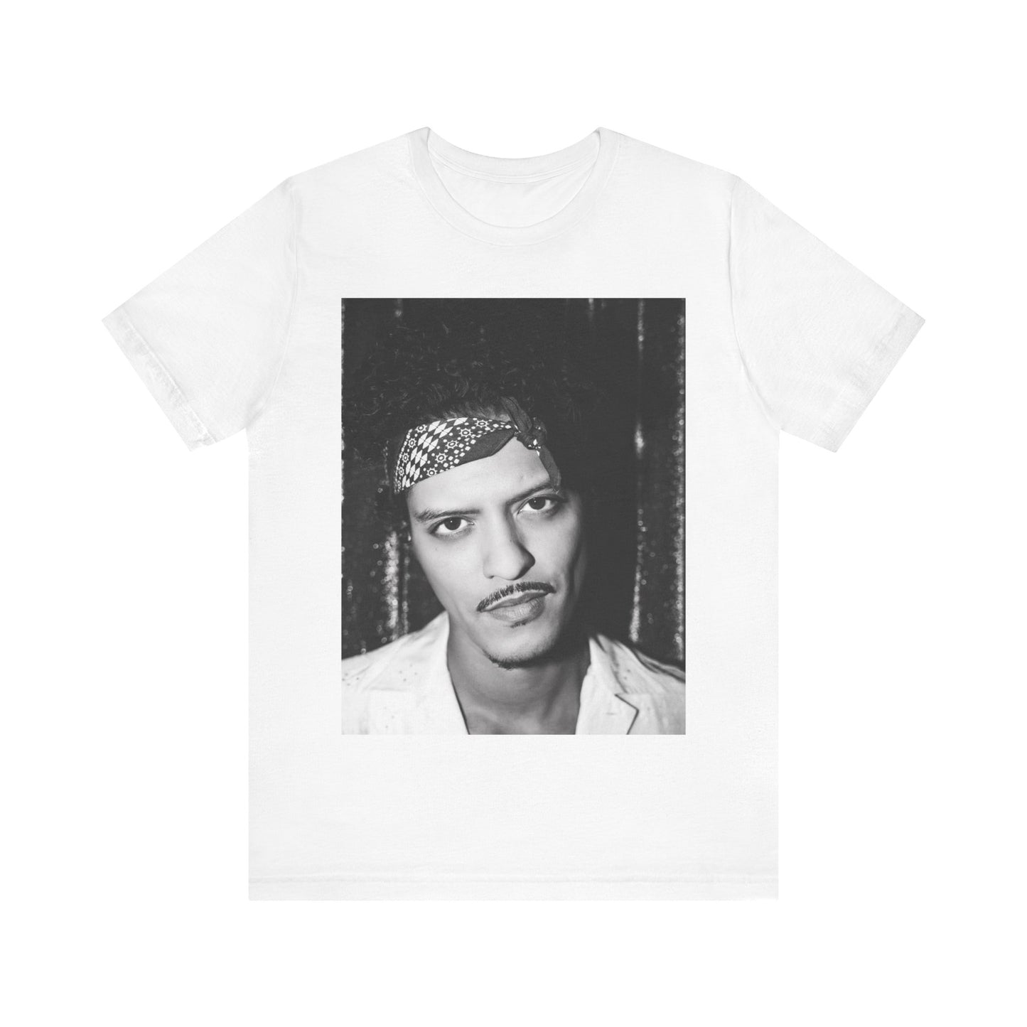 A black graphic t-shirt featuring a graphic of Bruno Mars with an old school groove aesthetic.