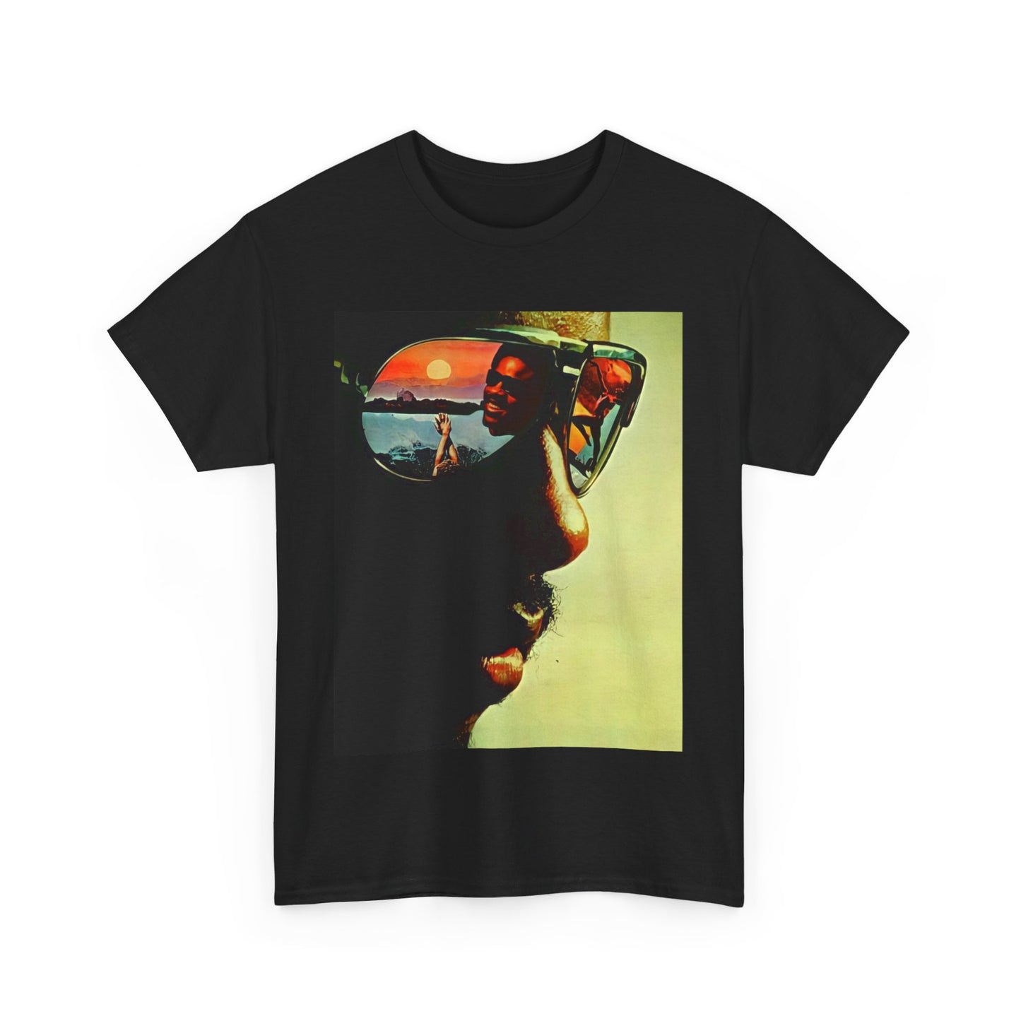 A black graphic t-shirt featuring a 70s aesthetic graphic of Stevie Wonder.