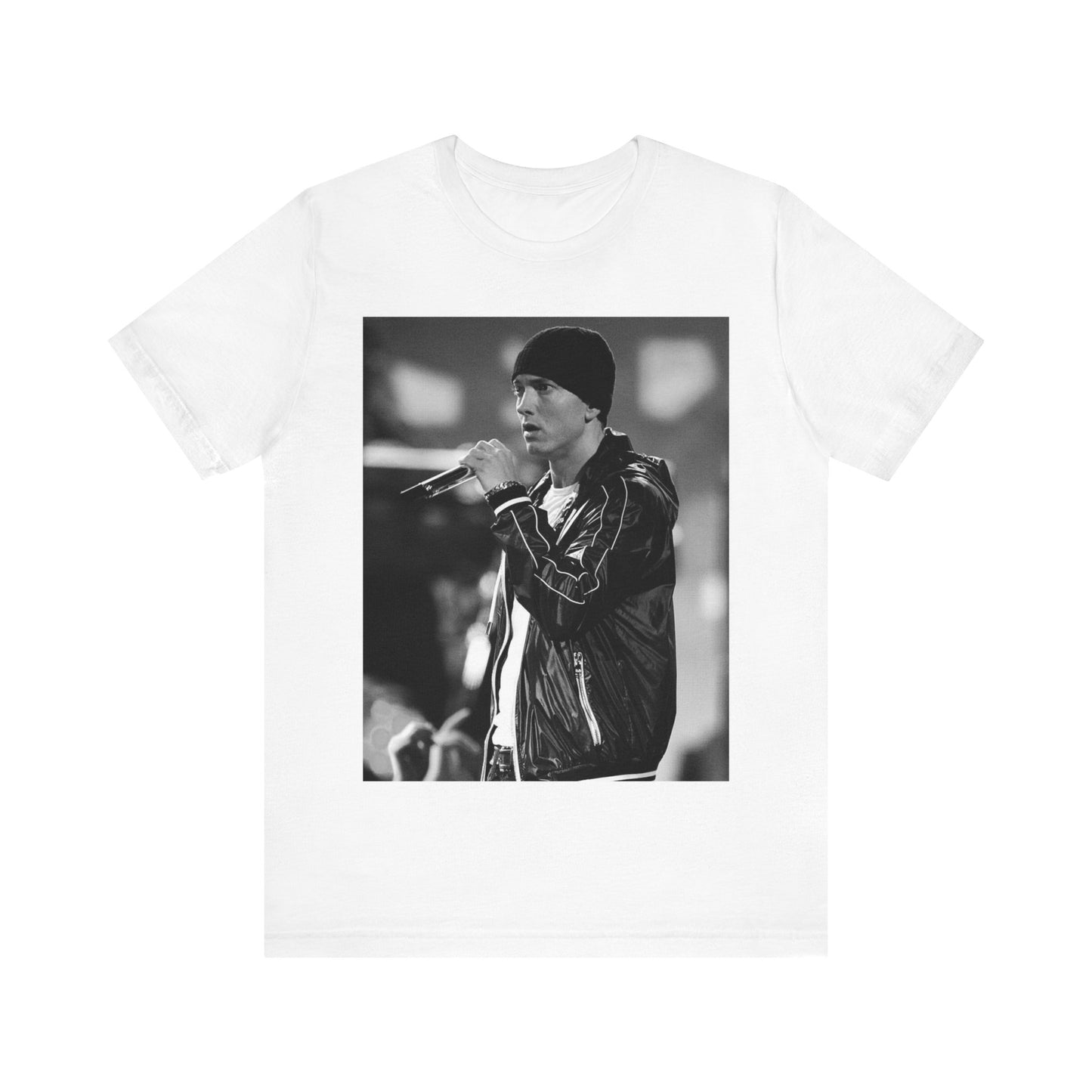 A black graphic t-shirt featuring a classic 90s graphic of Eminem as a 'Rap God'.