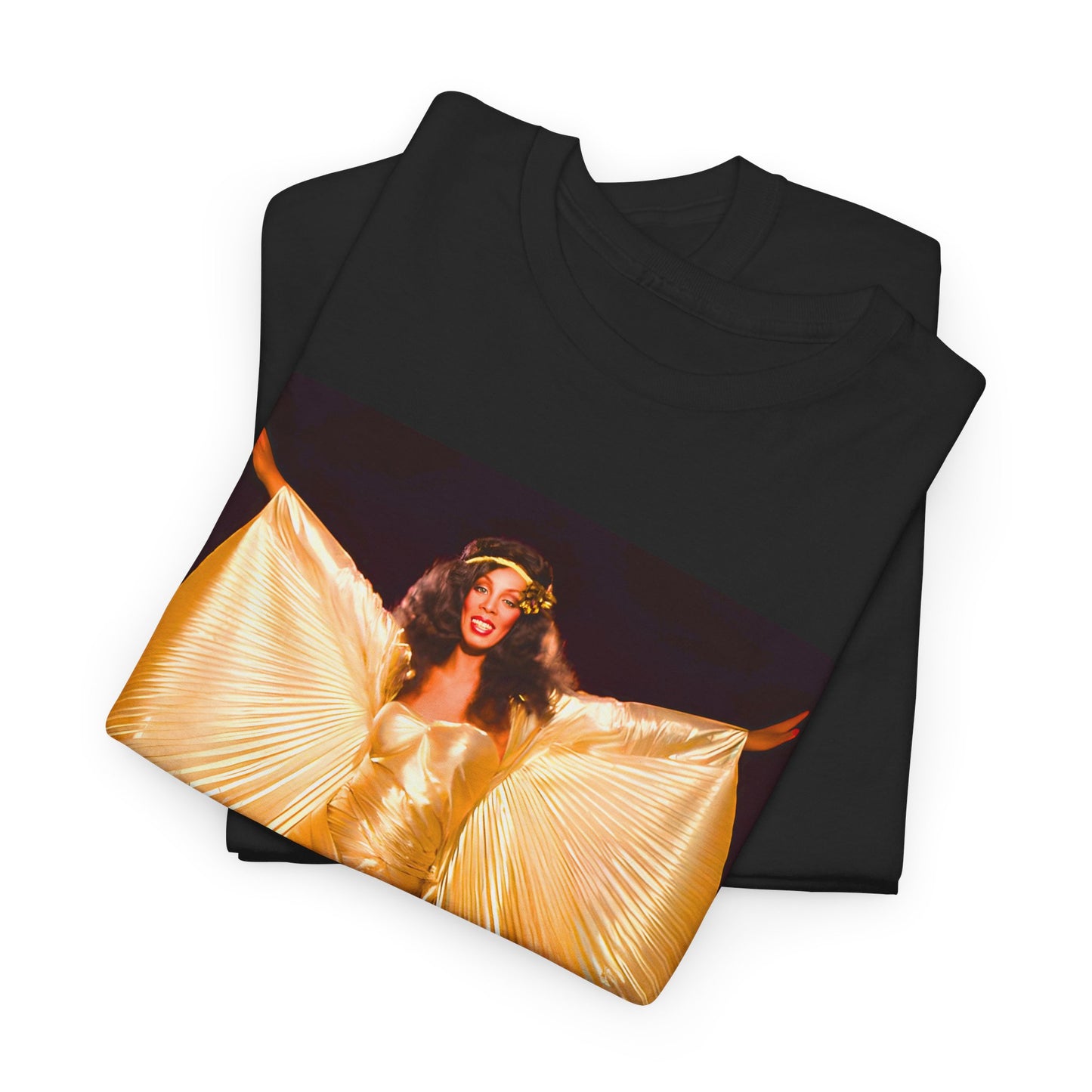 A black graphic t-shirt featuring a vintage graphic of Donna Summer as the Queen of Disco.
