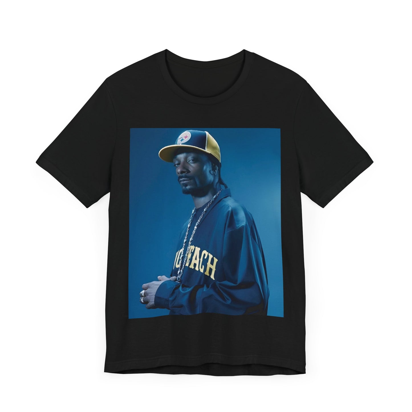 A black graphic t-shirt featuring an authentic West Coast graphic of Snoop Dogg.