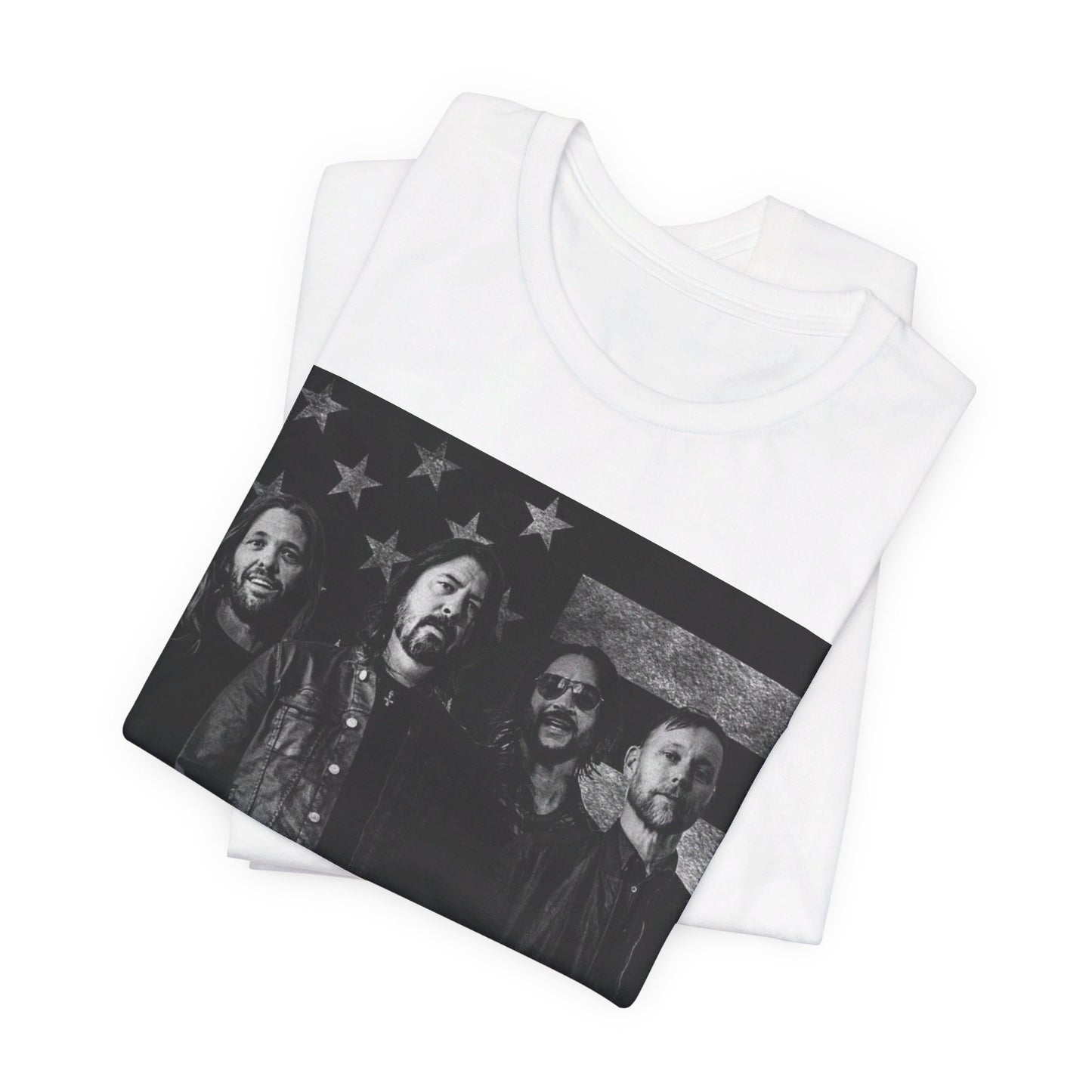 A black graphic t-shirt featuring a graphic of Foo Fighters integrated with elements of the American flag.